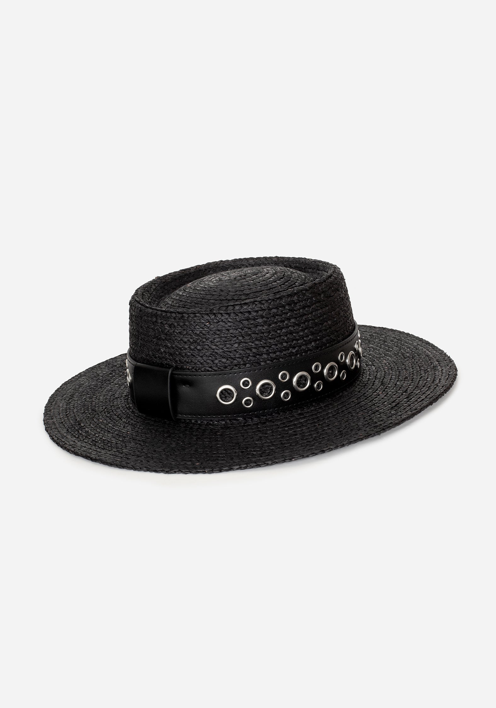 Belted Raffia Sun Hat with Eyelet Detail | Black Woven Wide Brim