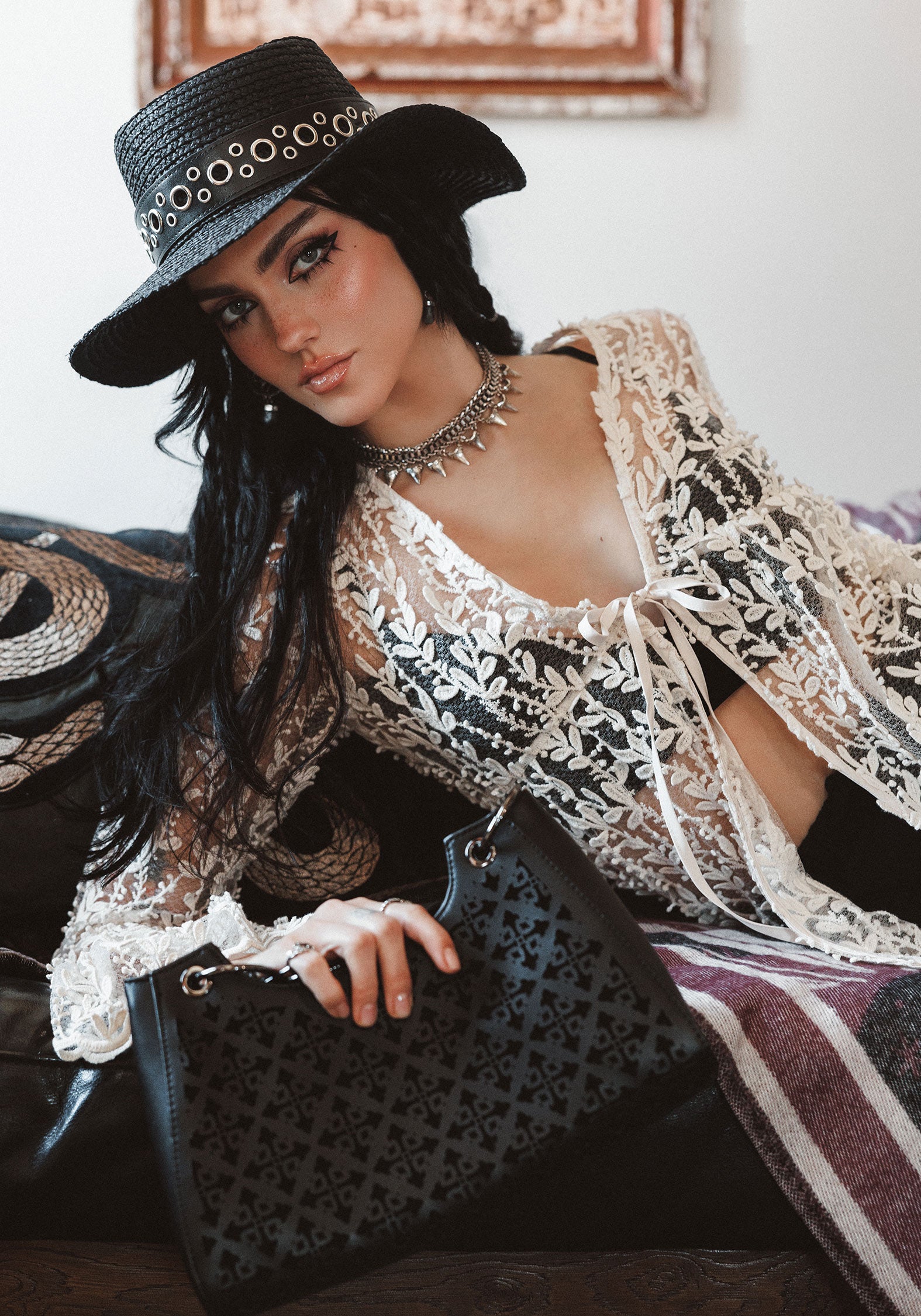 Belted Raffia Sun Hat with Eyelet Detail | Black Woven Wide Brim