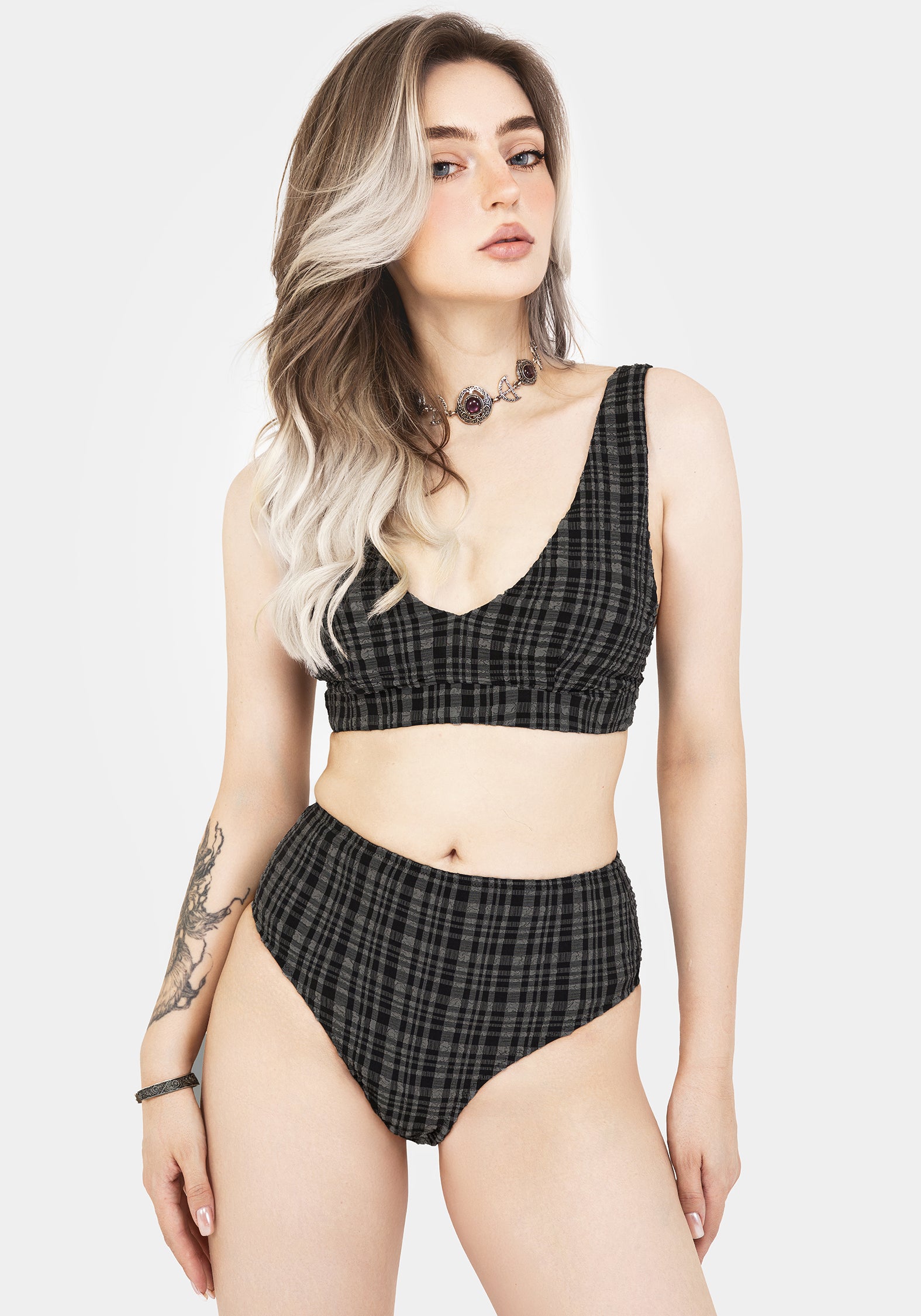 Slate Textured Check Bikini Top | Adjustable V-Neck & Bust Cups