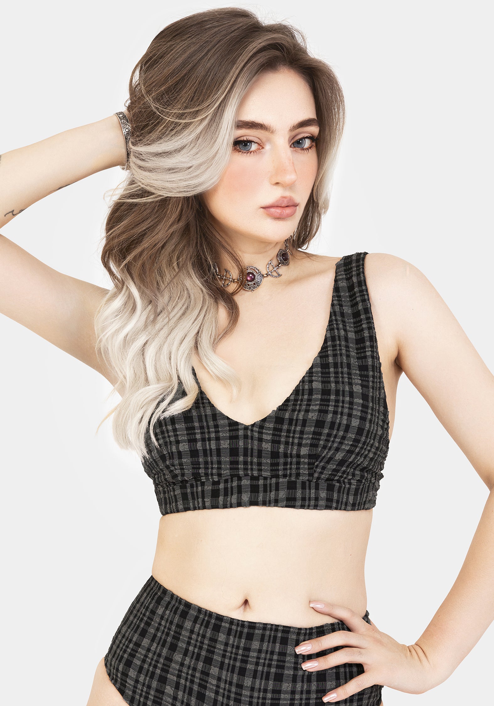 Slate Textured Check Bikini Top | Adjustable V-Neck & Bust Cups
