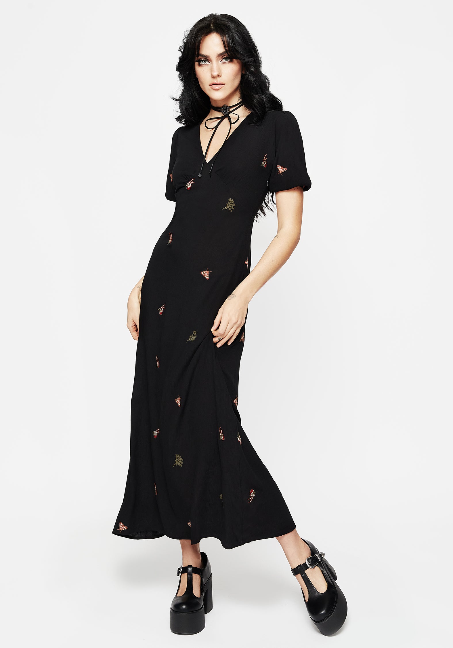 Black Moth Embroidered Maxi Dress with V-Neck & Puff Sleeves | Copia