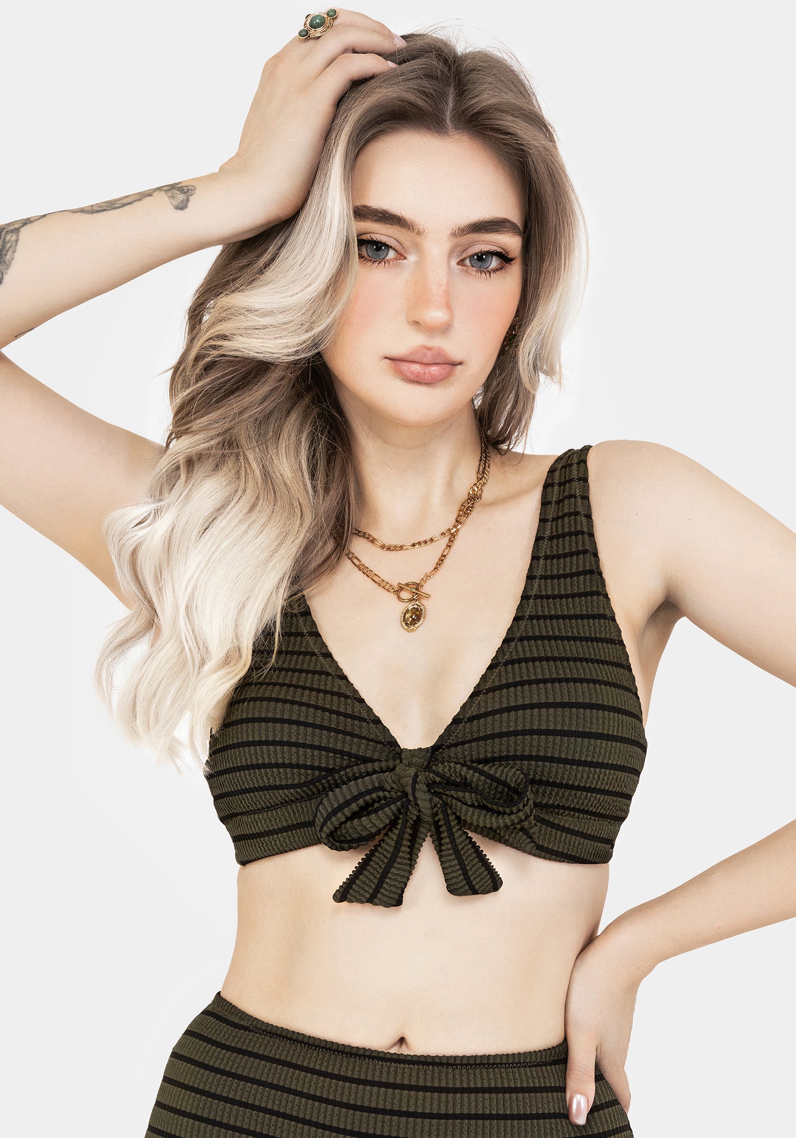 Green Striped Bikini Top with Adjustable Straps & V-Neckline | Mire