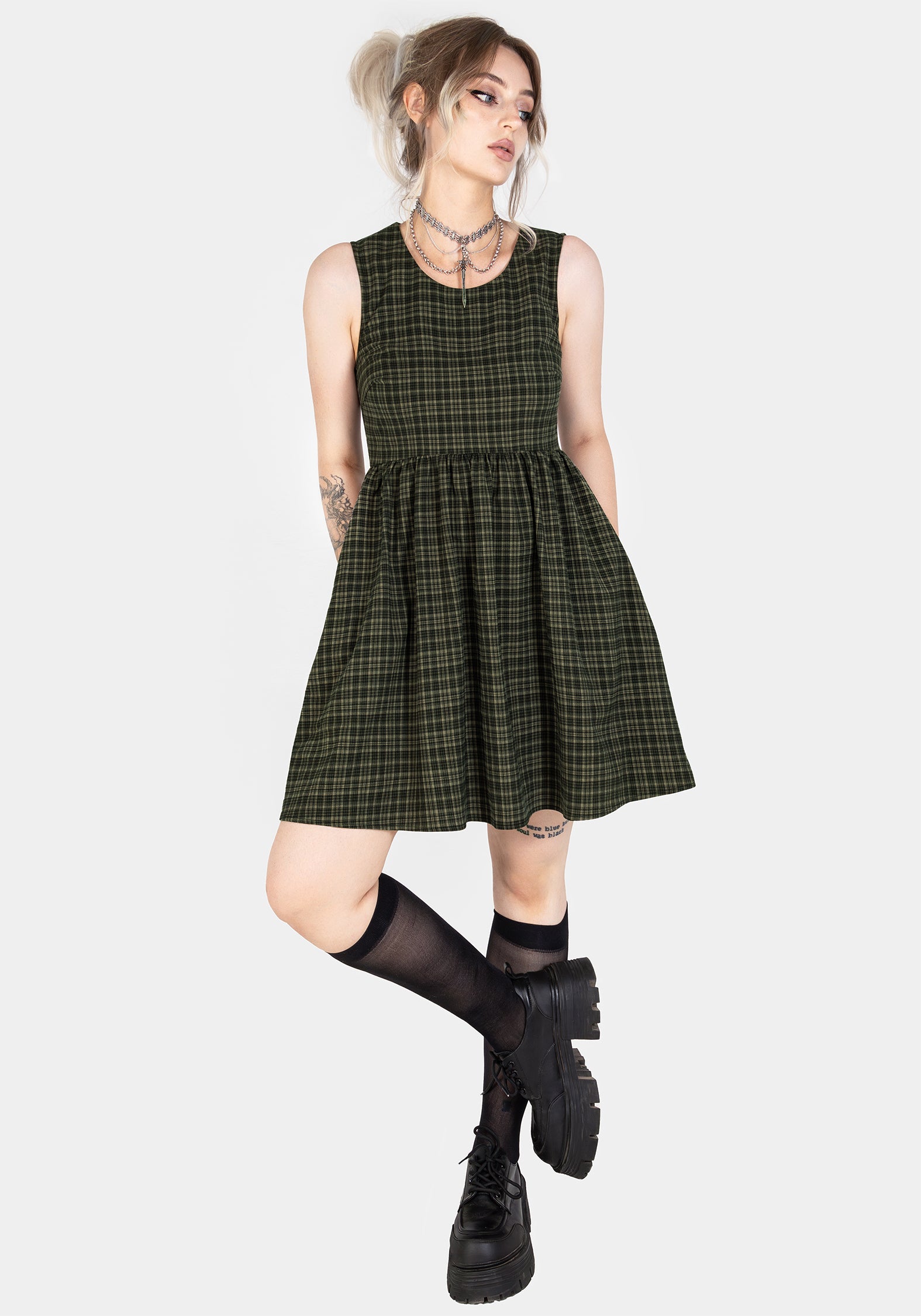 Green & Black Check Mini Skater Dress with Pockets | Sabine