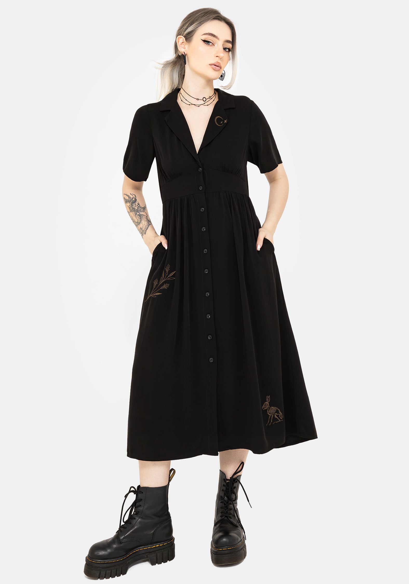 Embroidered Midi Shirt Dress with Pockets | Hester