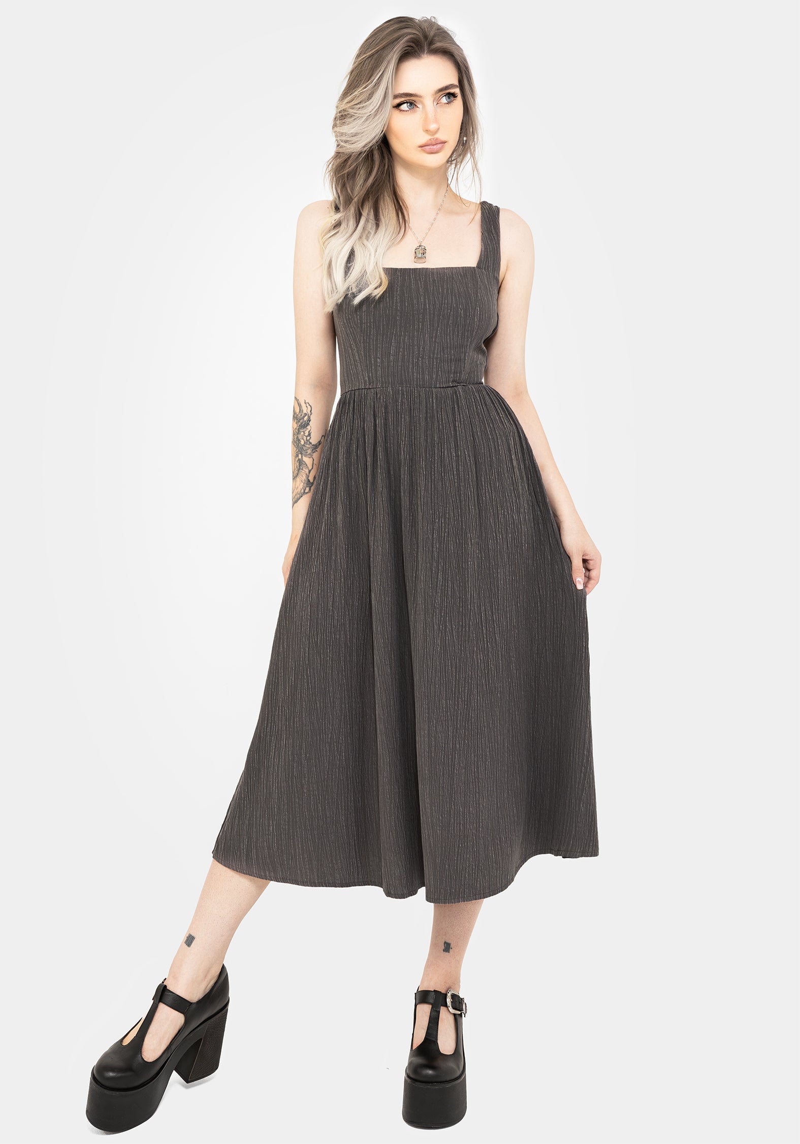 Grey Corset Midi Dress with Lace-Up Back & Square Neckline | Darkside