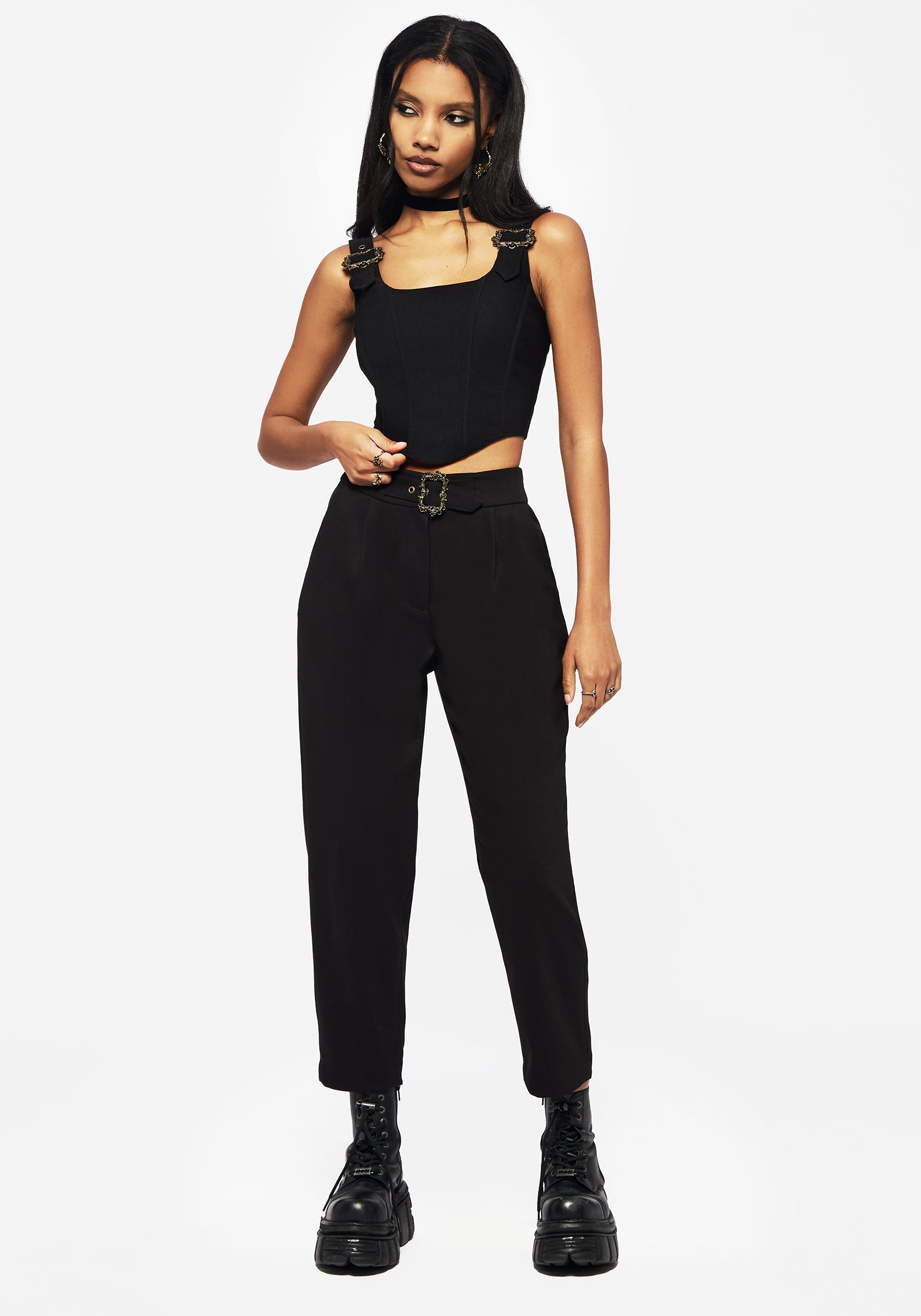 Black Corset Top with Adjustable Buckle Straps | Tailored Cropped Fit