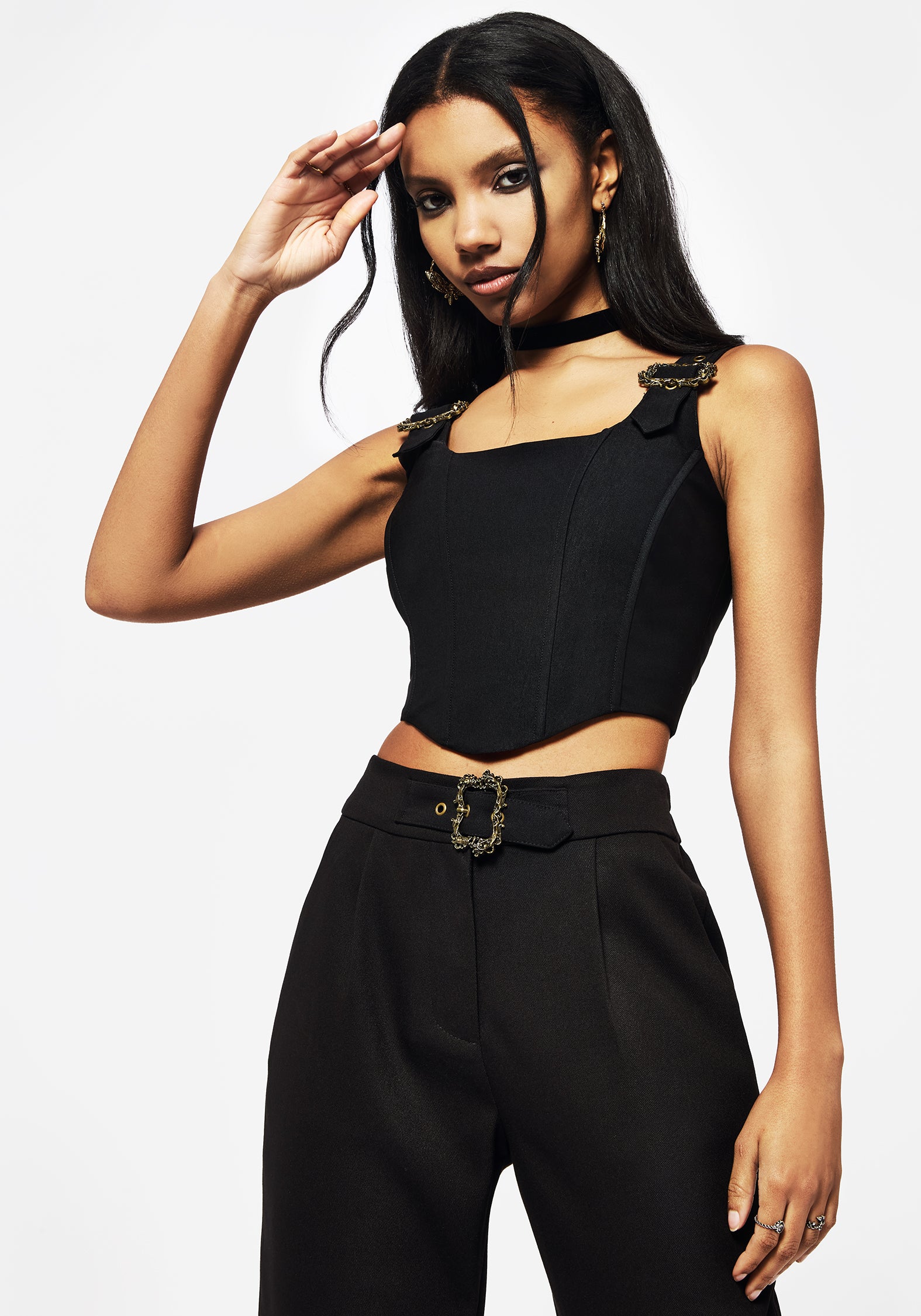 Black Corset Top with Adjustable Buckle Straps | Tailored Cropped Fit