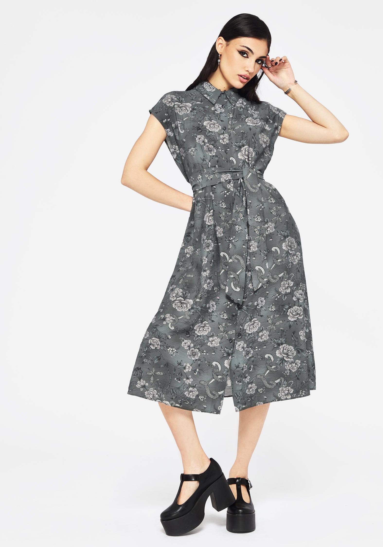 Floral & Snake Print Midi Shirt Dress with Belt | Grey