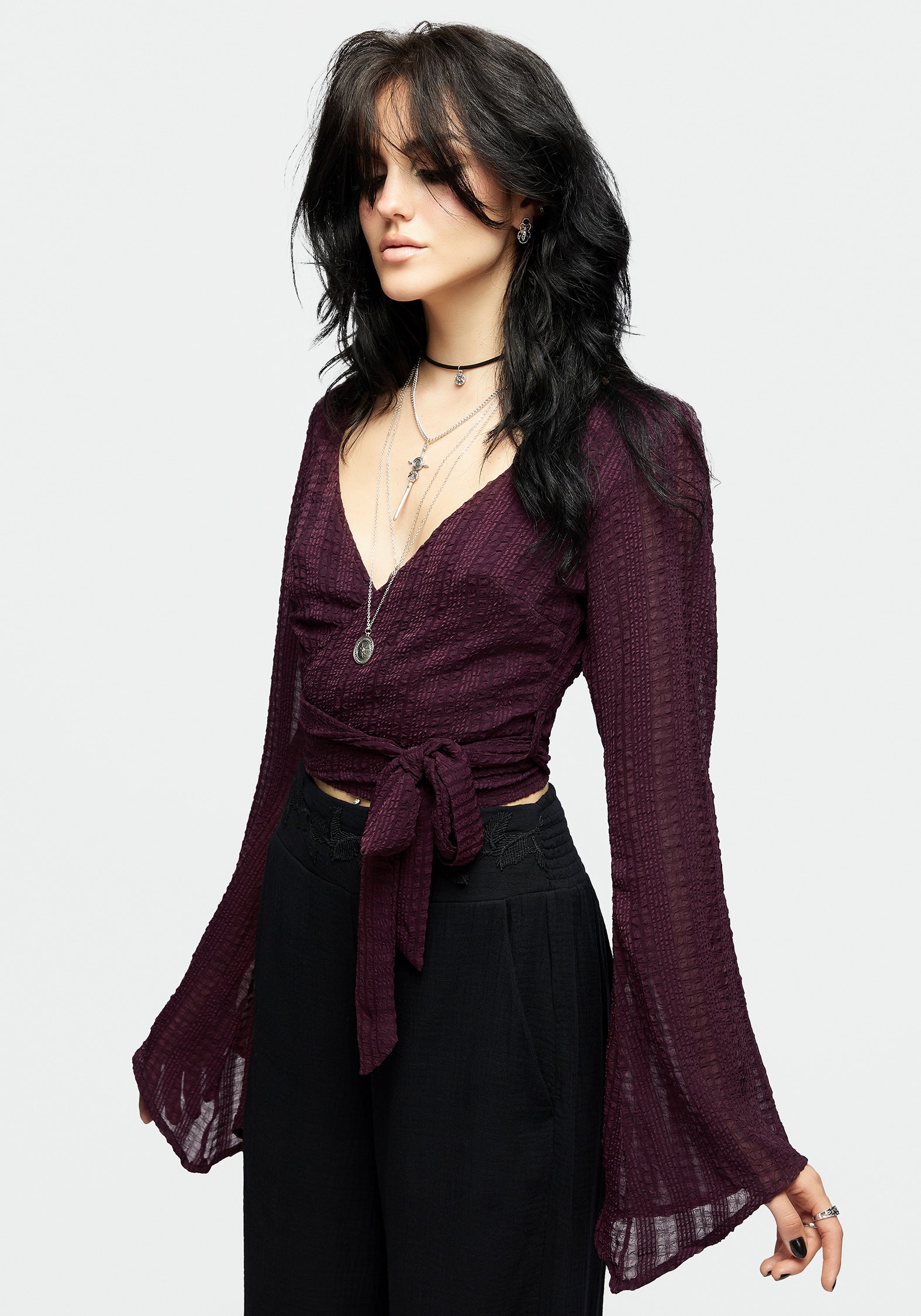Plum Purple Bell Sleeve Wrap Top with Sheer Check | Enola