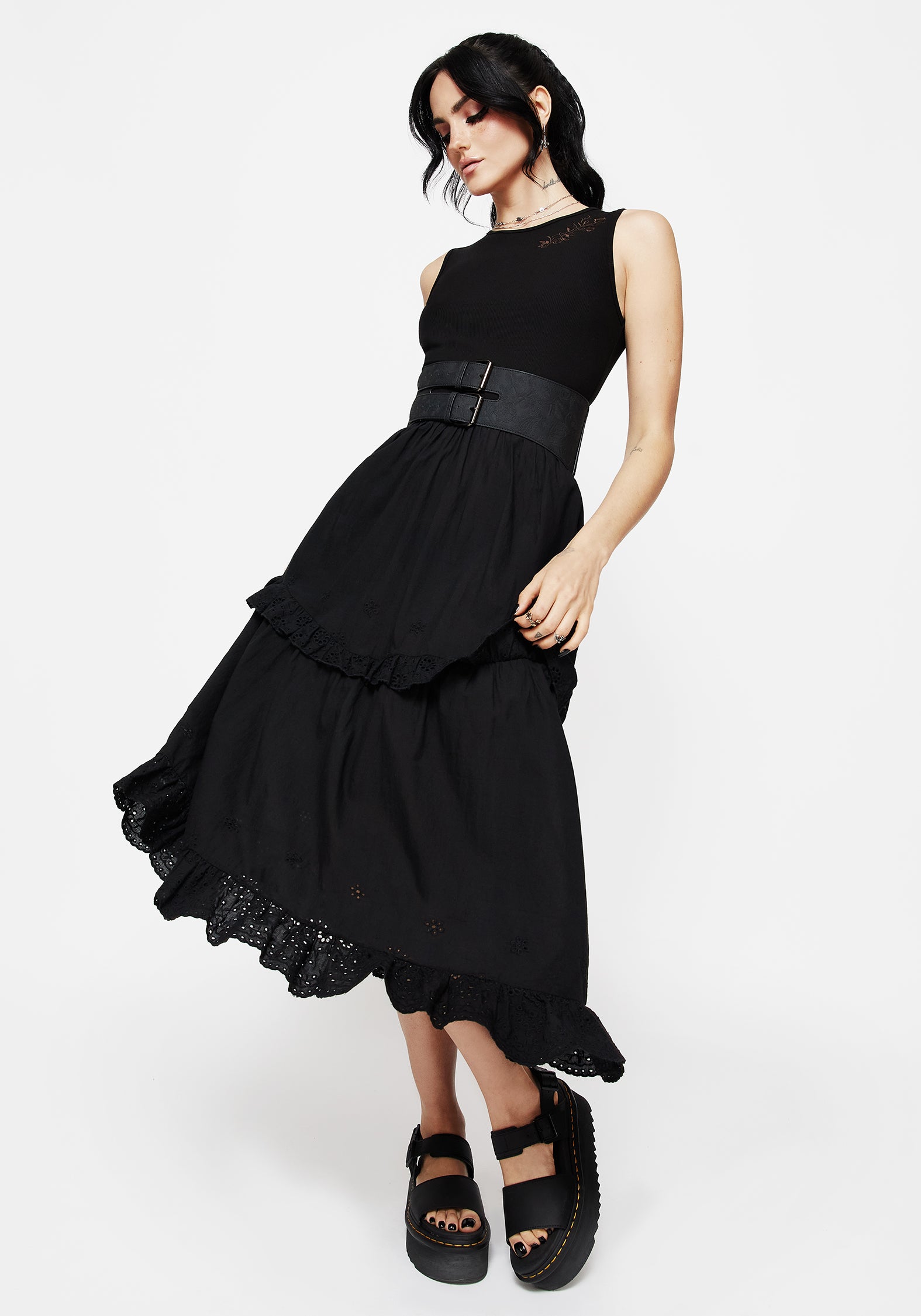 Black Embroidered Broderie Midi Dress with Rose Embroidery | Laveau
