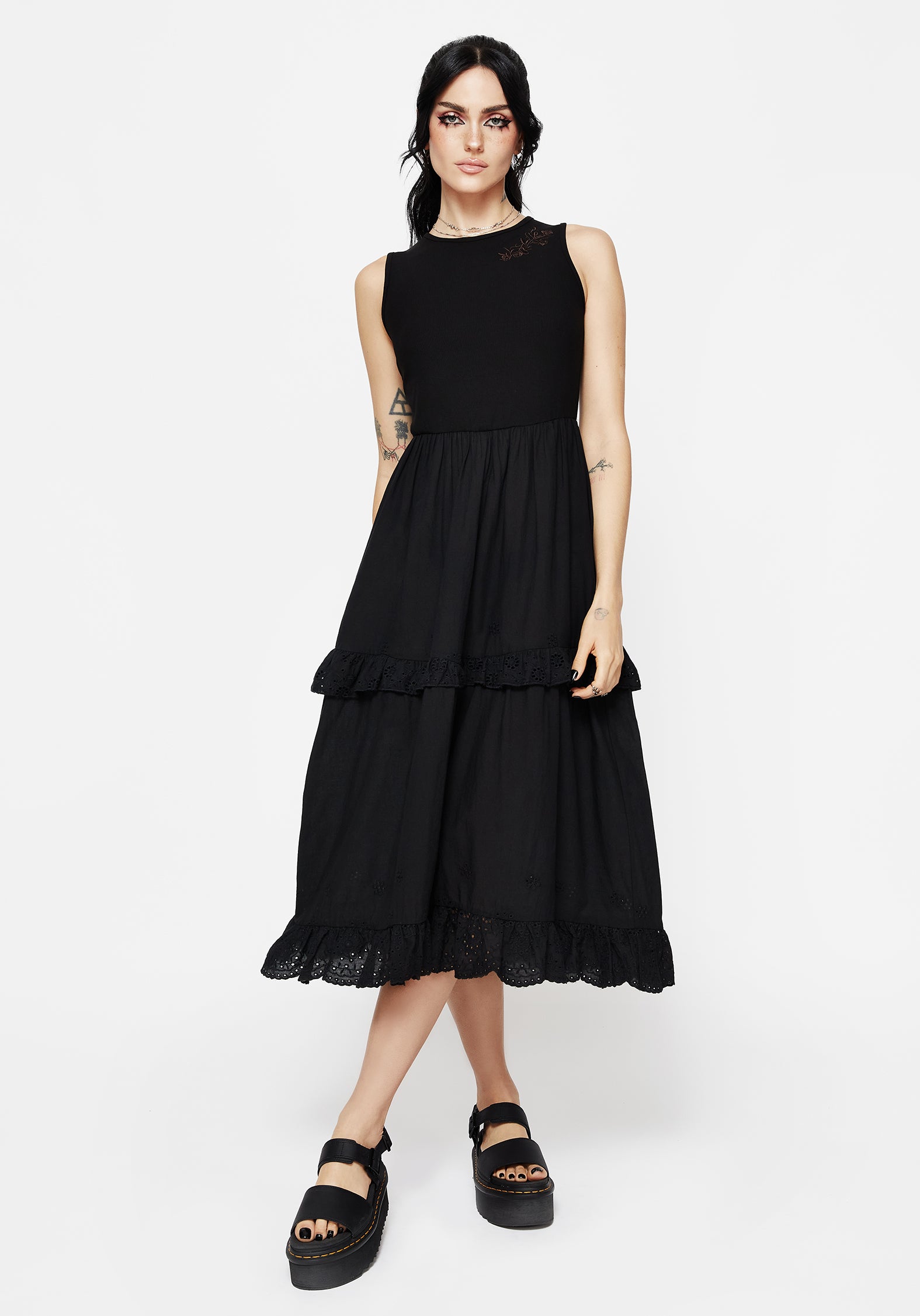 Black Embroidered Broderie Midi Dress with Rose Embroidery | Laveau