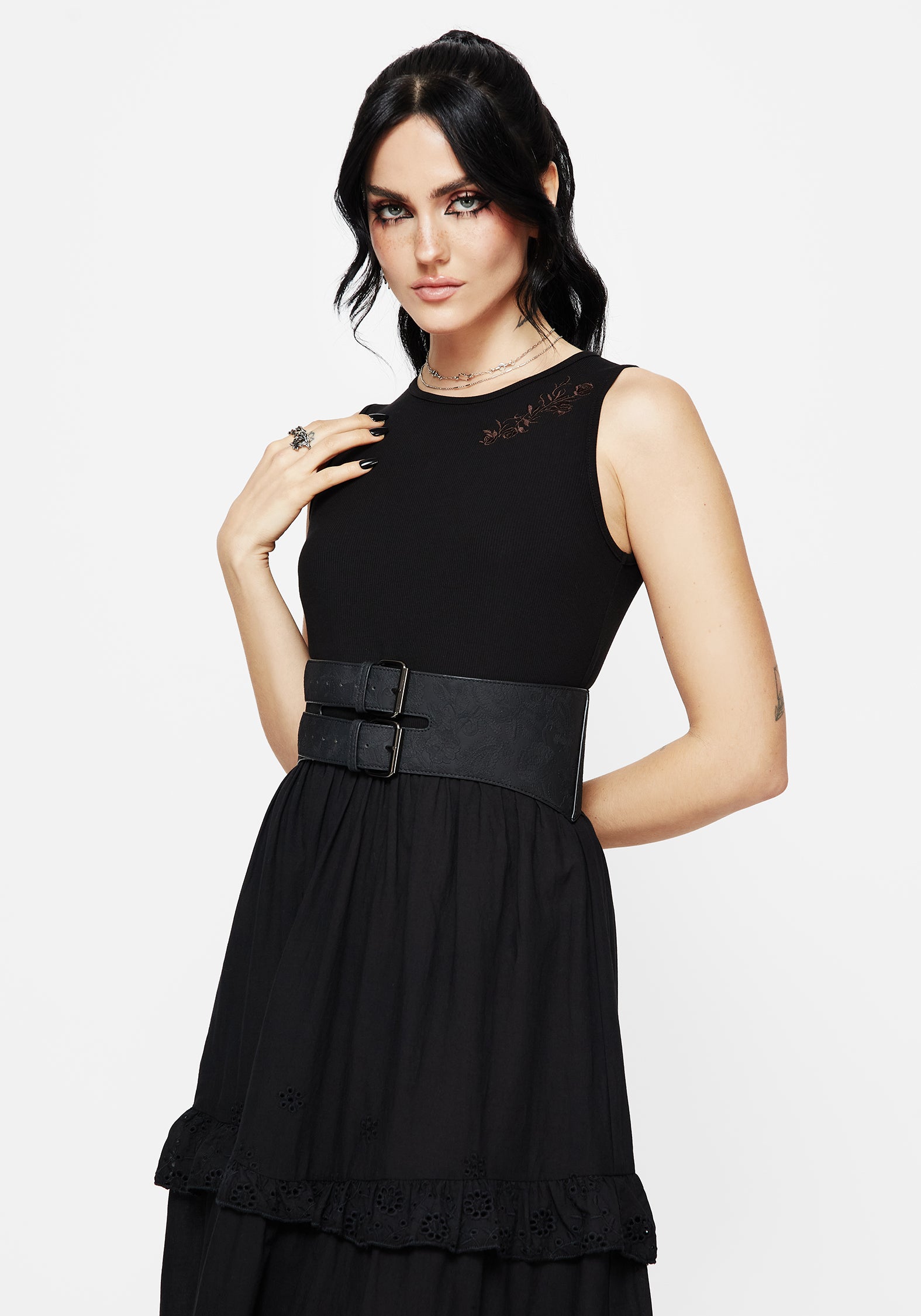 Black Embroidered Broderie Midi Dress with Rose Embroidery | Laveau