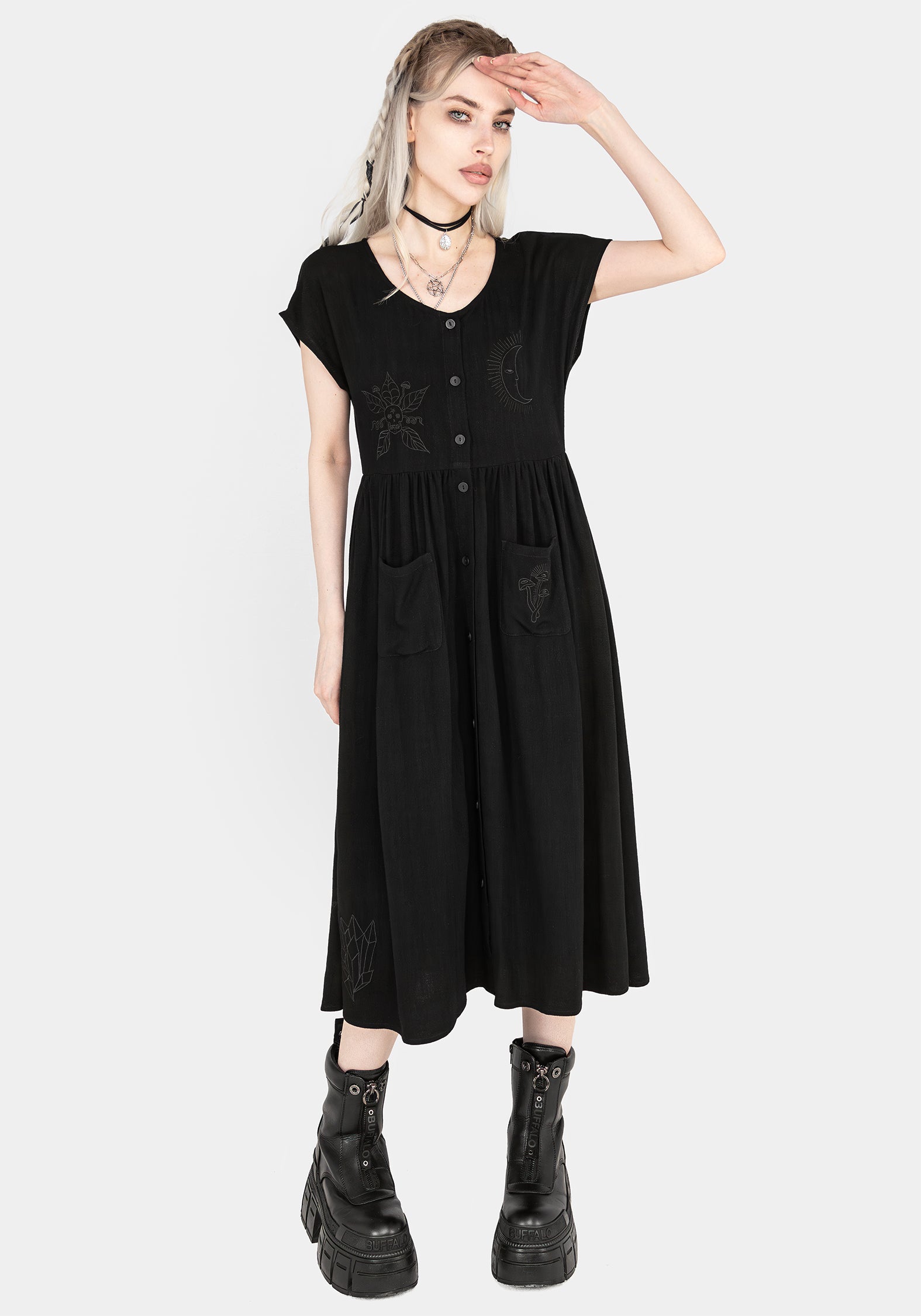 Black Embroidered Button-Up Midi Dress with Pockets | Scutellaria