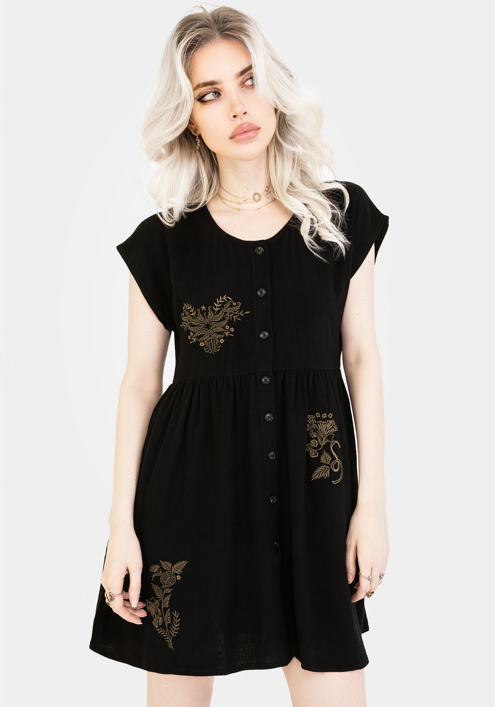 Black Embroidered Mini Dress with Linen-Blend & Button Front | Foliate