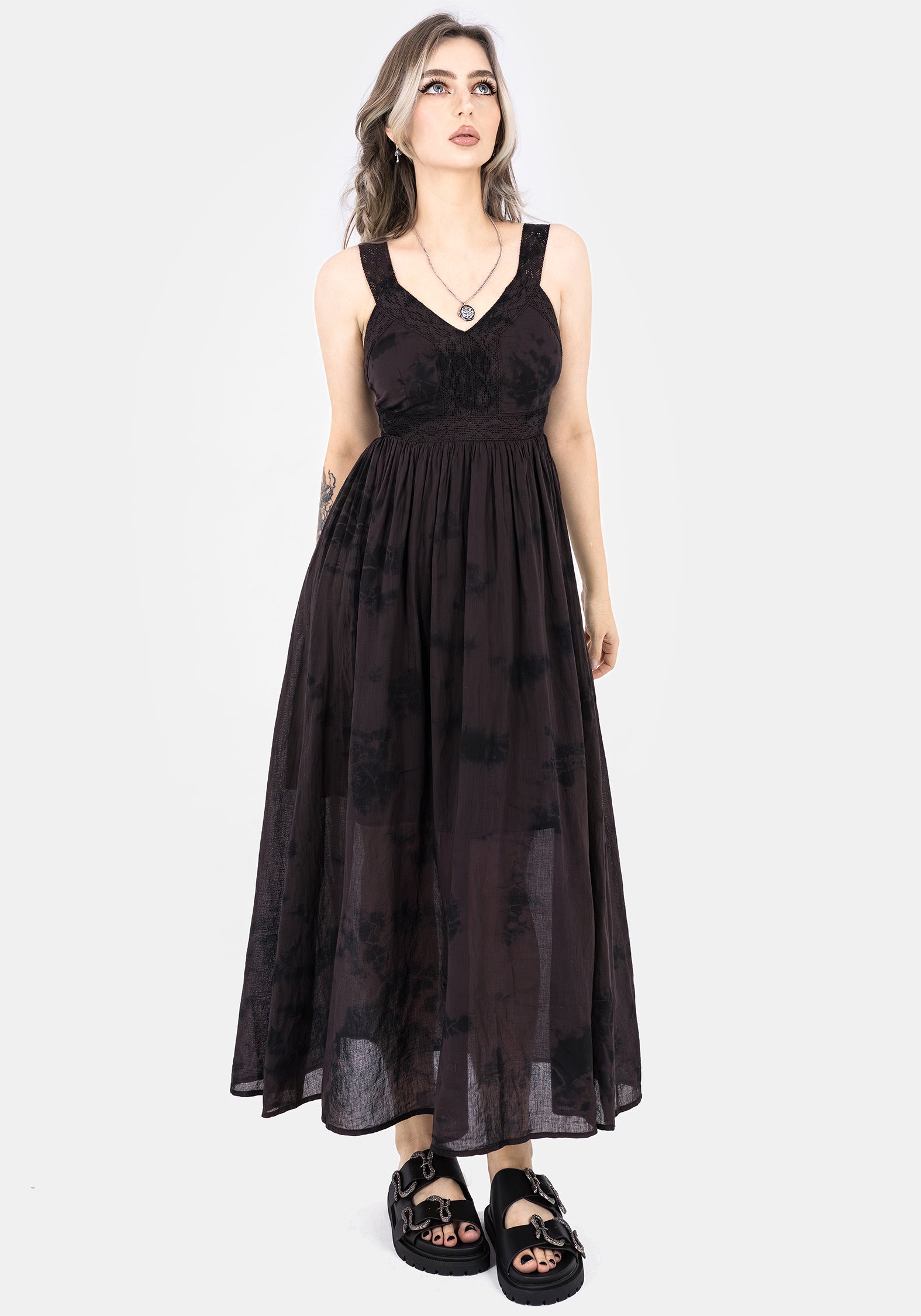 Tie Dye Cotton Midaxi Dress with V-Neck & Lace Trim | Burnout