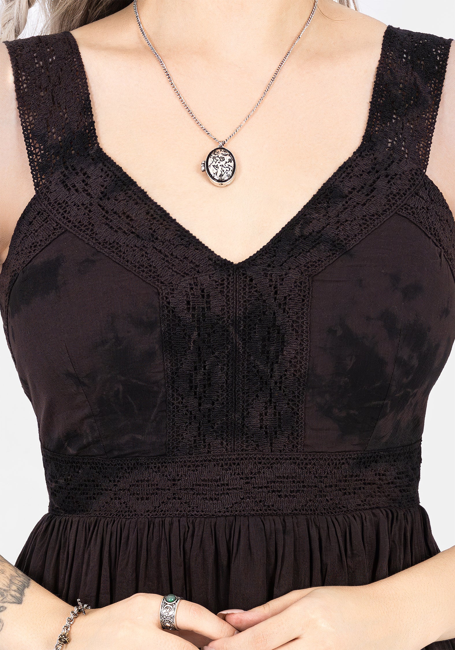Tie Dye Cotton Midaxi Dress with V-Neck & Lace Trim | Burnout