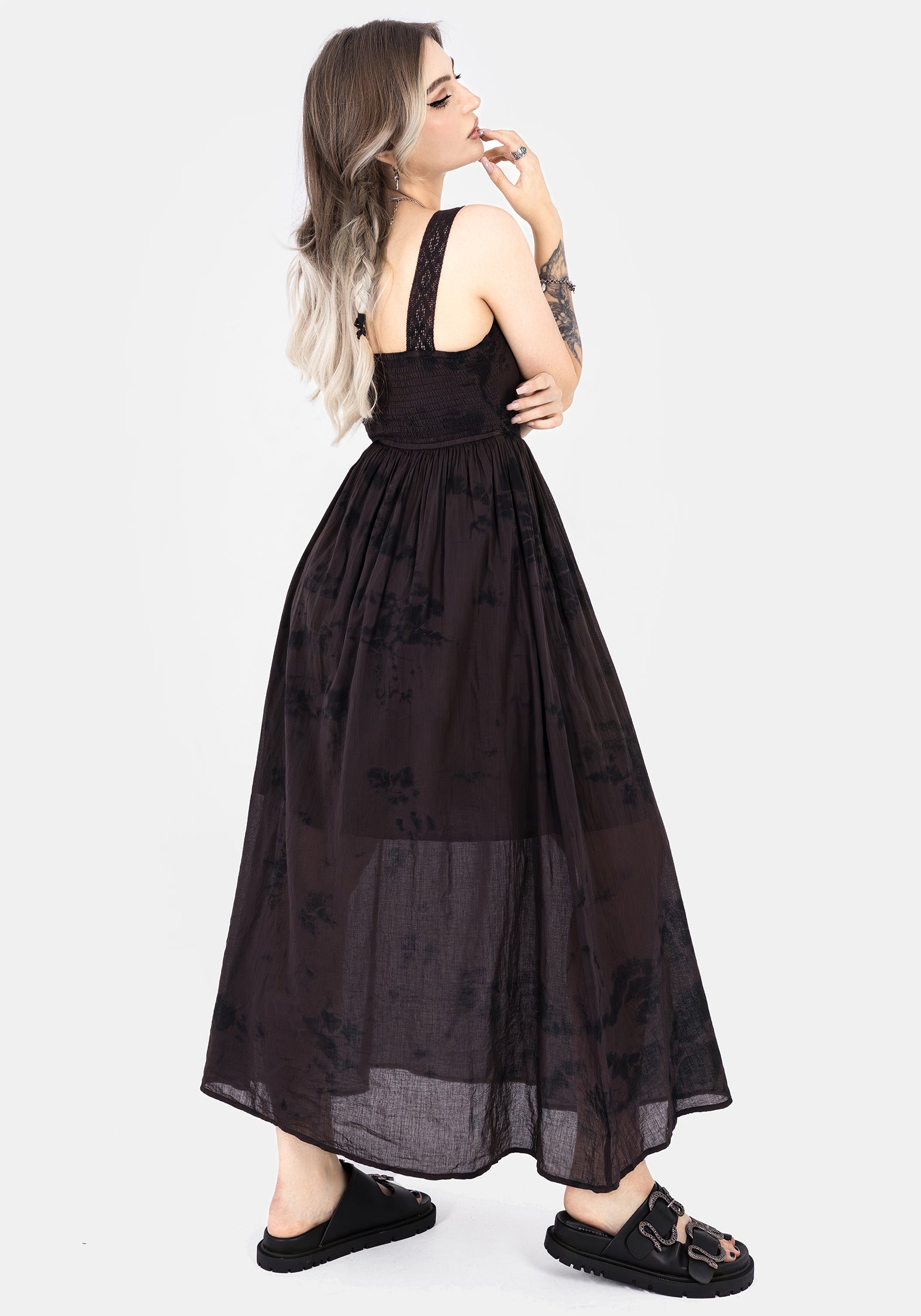 Tie Dye Cotton Midaxi Dress with V-Neck & Lace Trim | Burnout