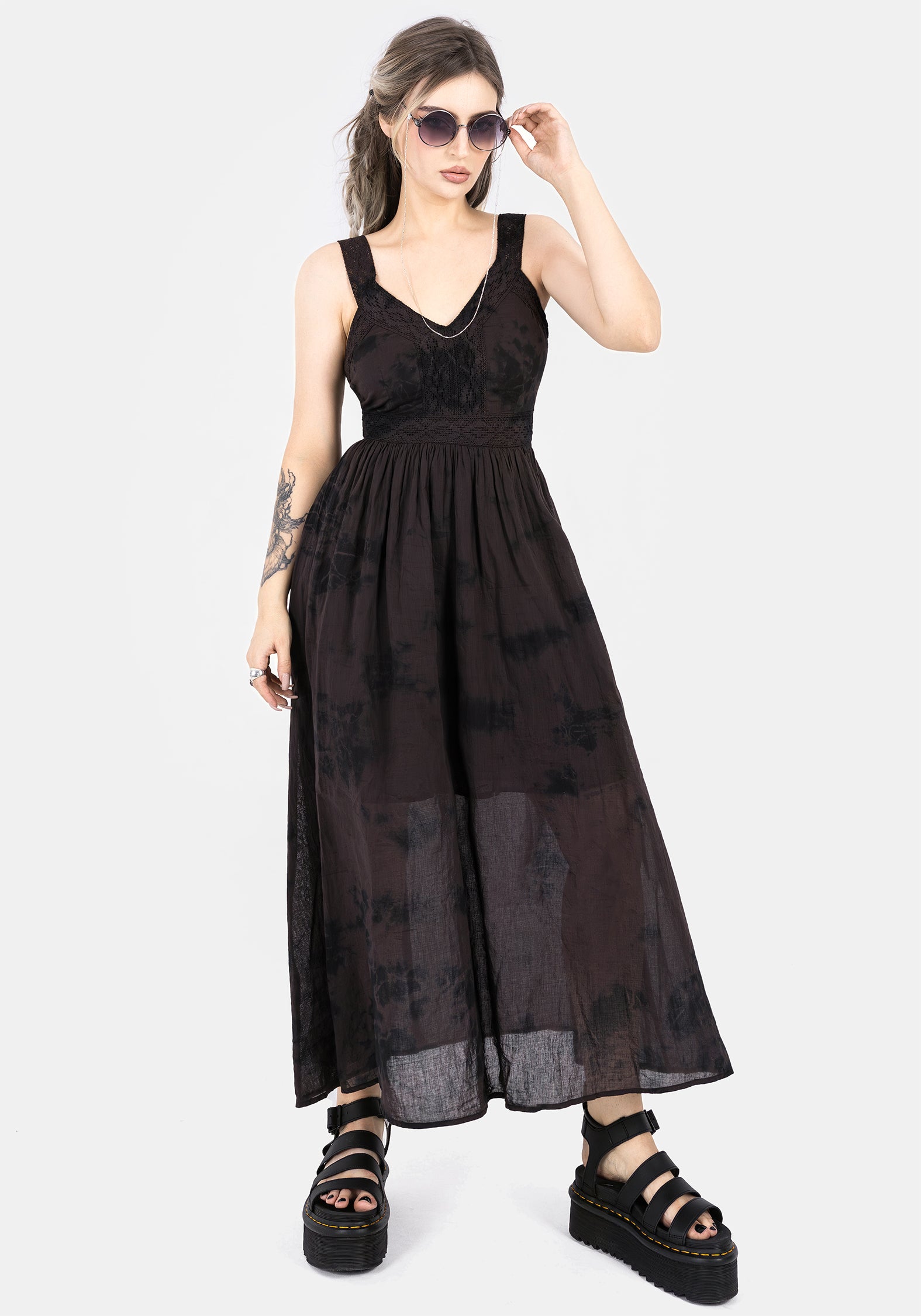 Tie Dye Cotton Midaxi Dress with V-Neck & Lace Trim | Burnout