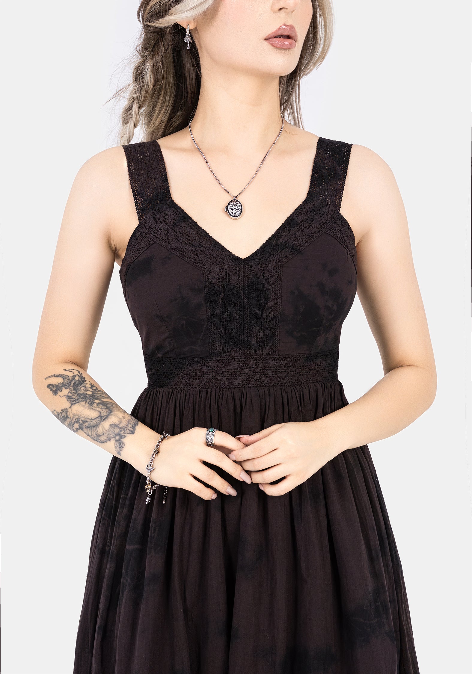 Tie Dye Cotton Midaxi Dress with V-Neck & Lace Trim | Burnout