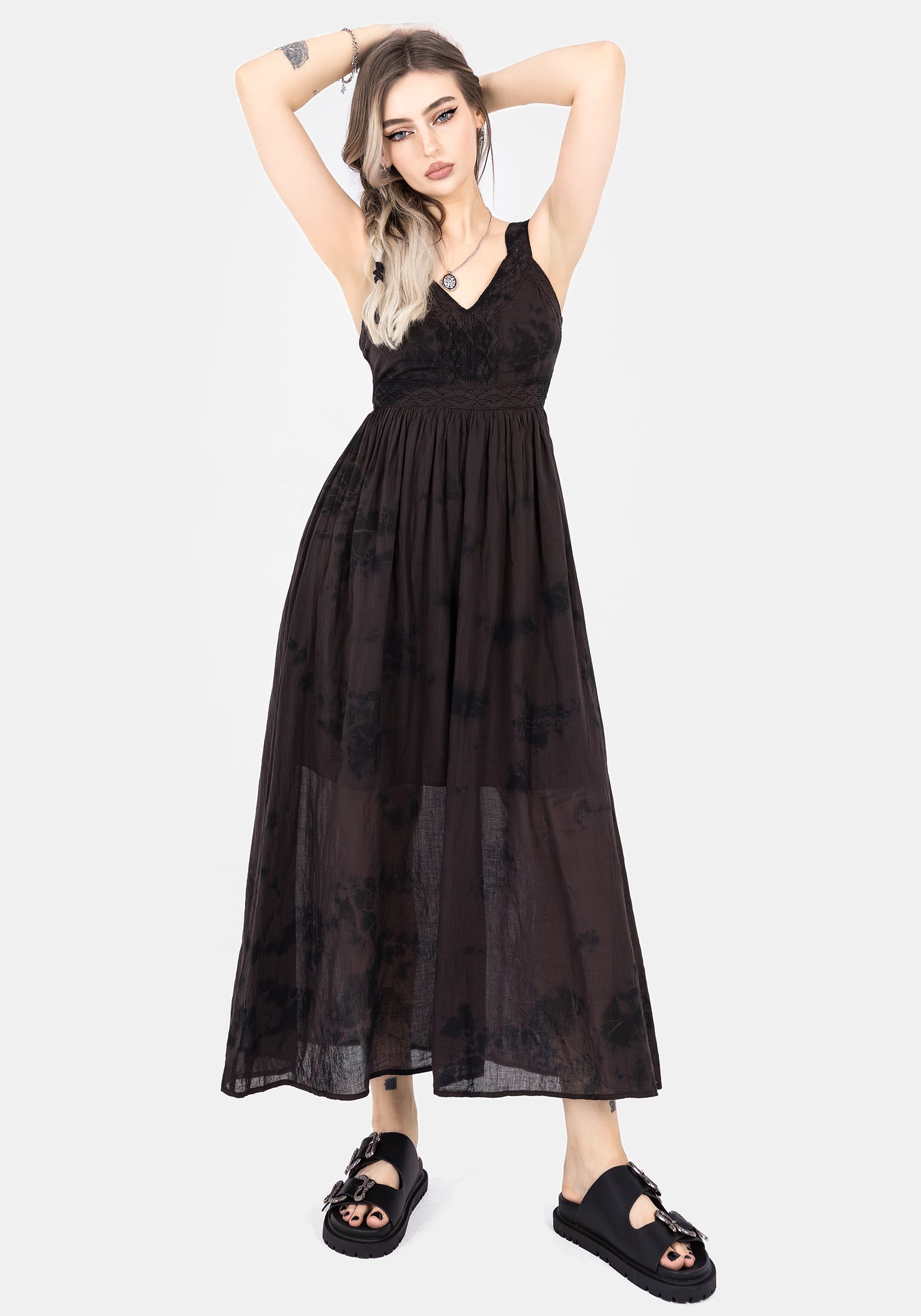 Tie Dye Cotton Midaxi Dress with V-Neck & Lace Trim | Burnout