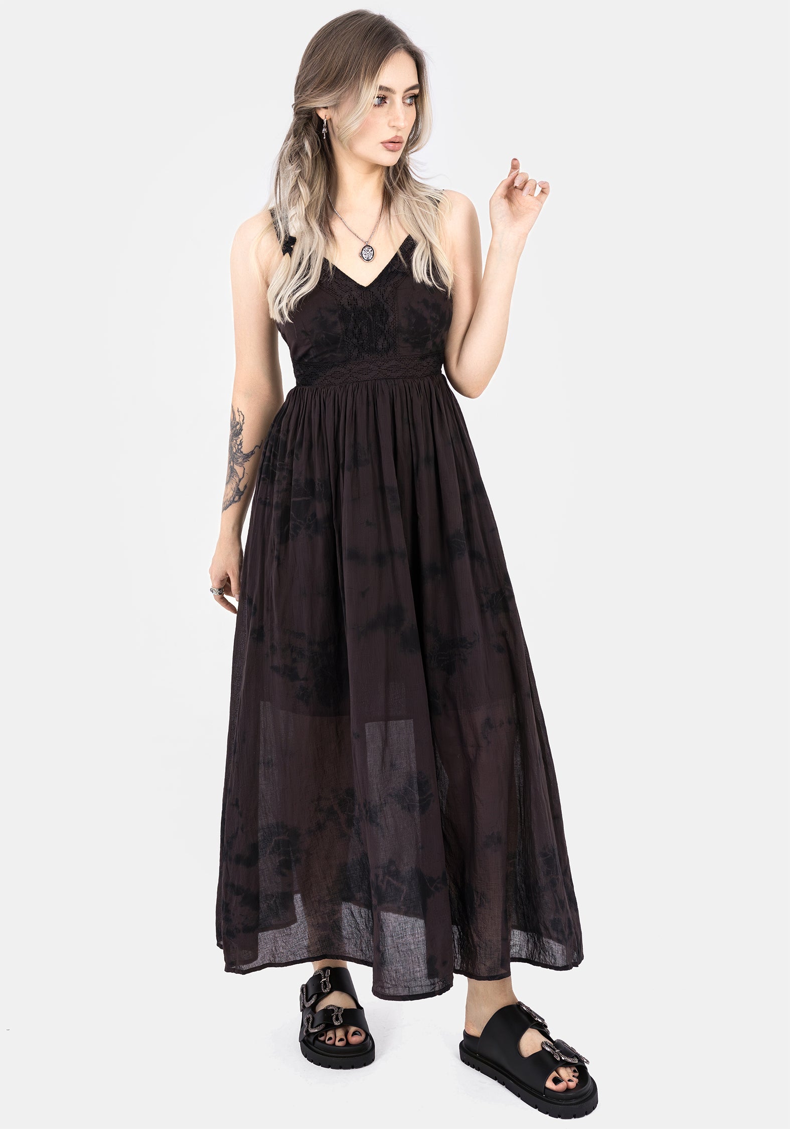 Tie Dye Cotton Midaxi Dress with V-Neck & Lace Trim | Burnout