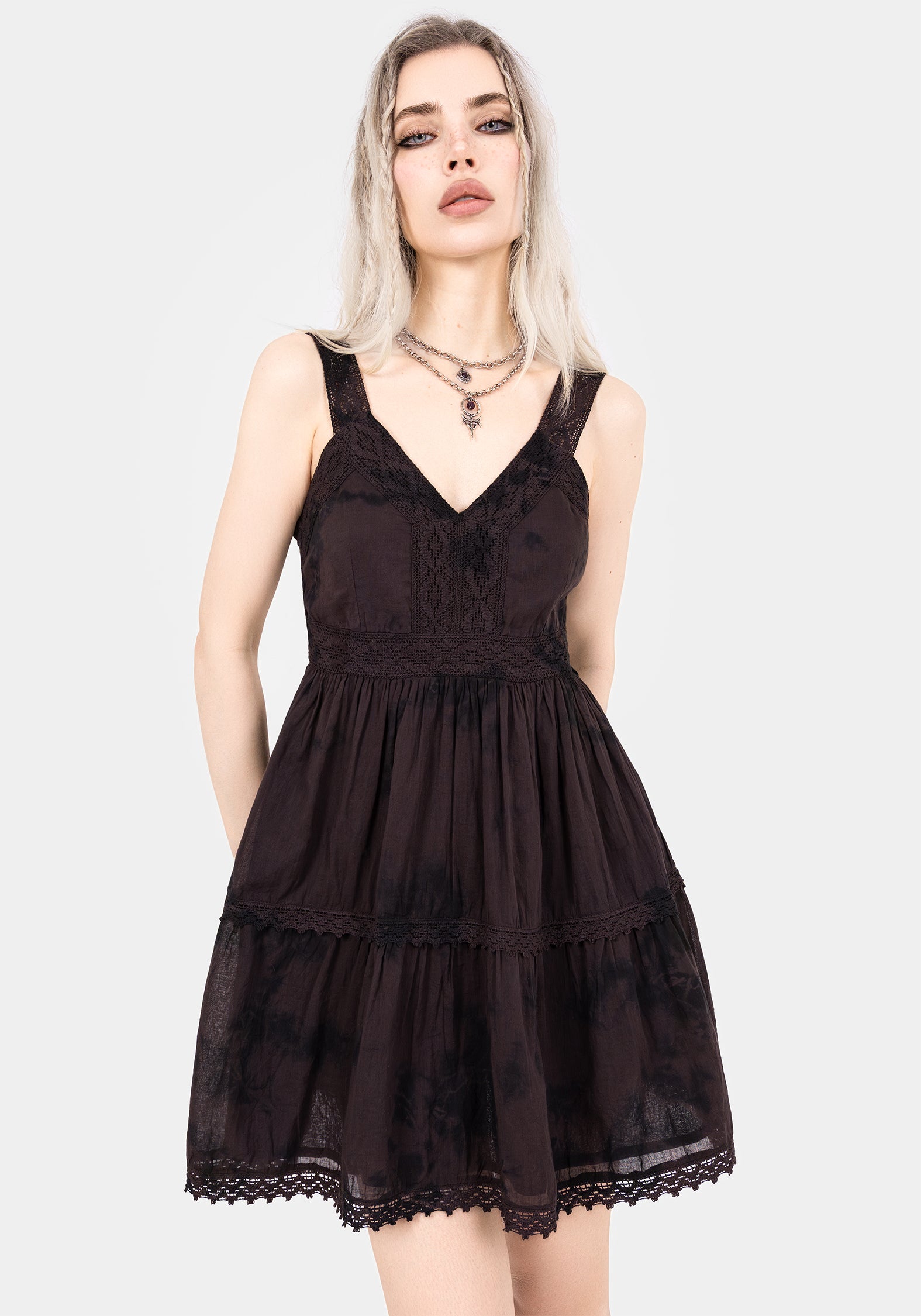 Tie Dye Cotton Mini Dress with V-Neck & Lace Trim | Burnout