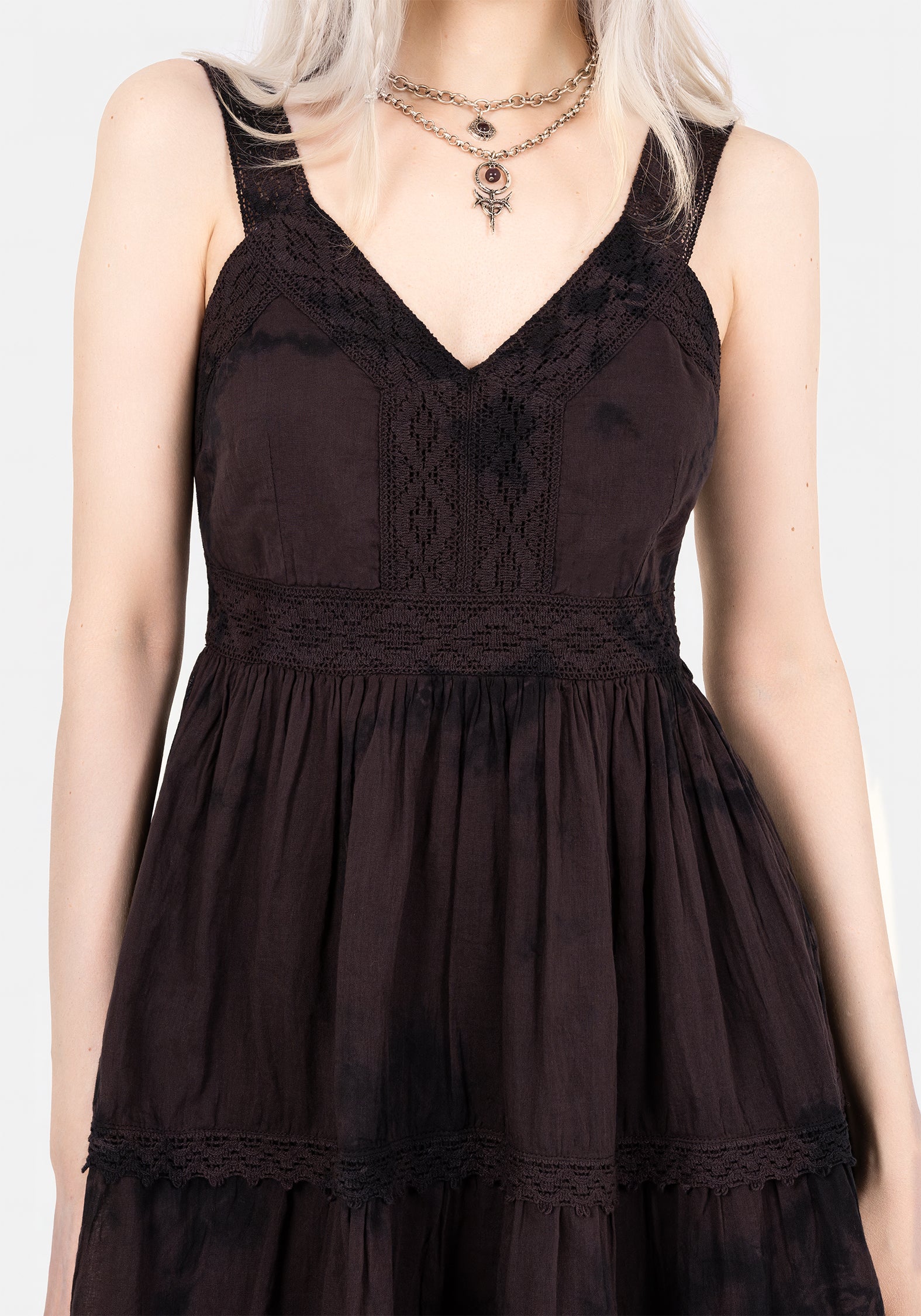 Tie Dye Cotton Mini Dress with V-Neck & Lace Trim | Burnout