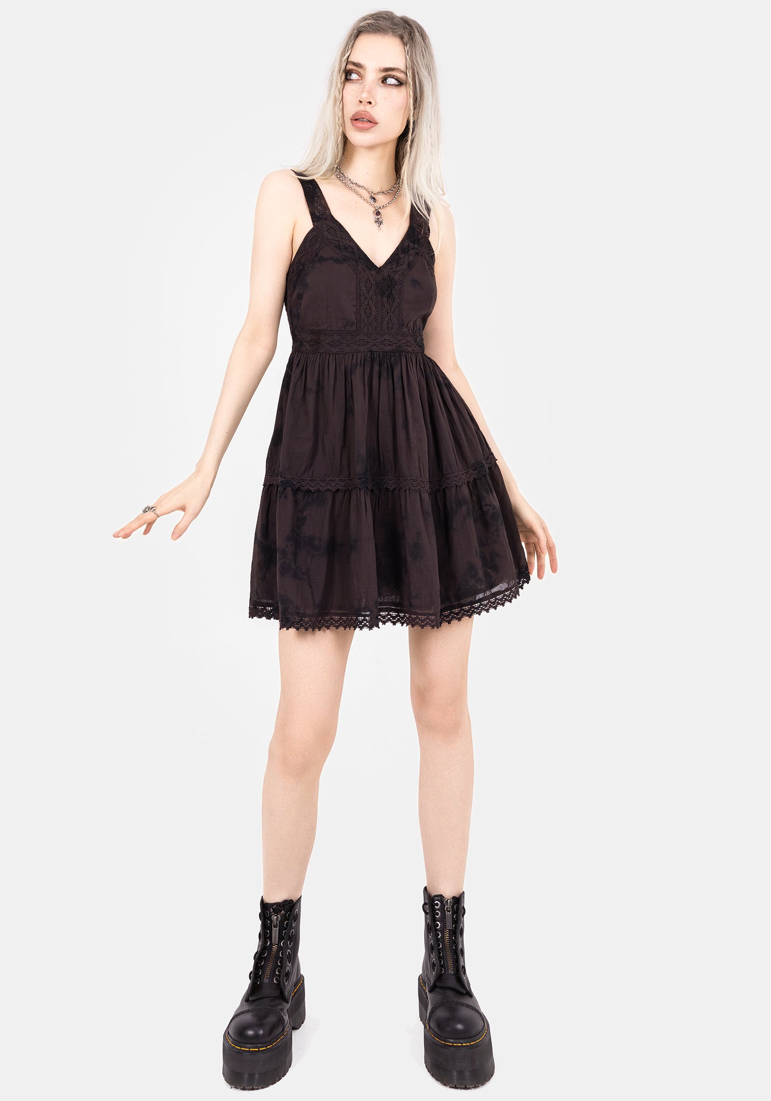 Tie Dye Cotton Mini Dress with V-Neck & Lace Trim | Burnout
