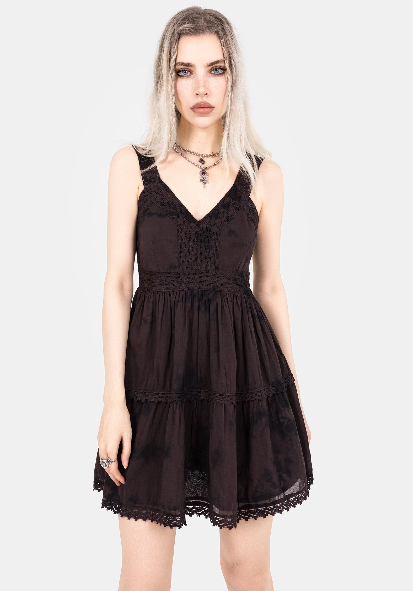 Tie Dye Cotton Mini Dress with V-Neck & Lace Trim | Burnout