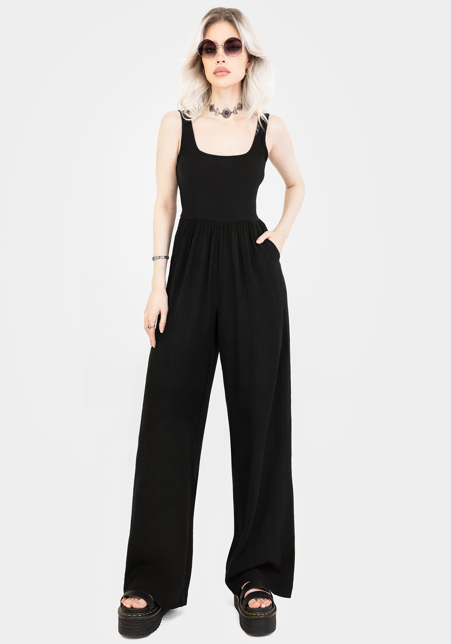 Black Wide Leg Jumpsuit with Square Neck & Pockets | Herne