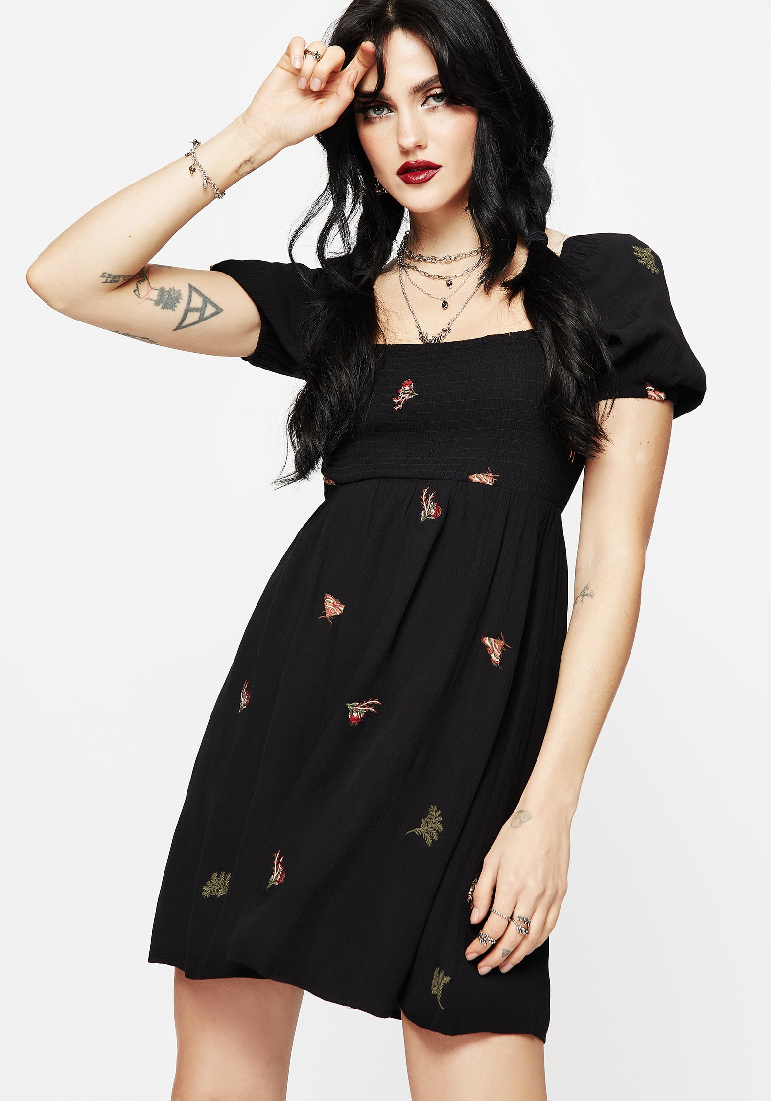 Black Moth Embroidered Mini Dress with Puff Sleeves | Copia