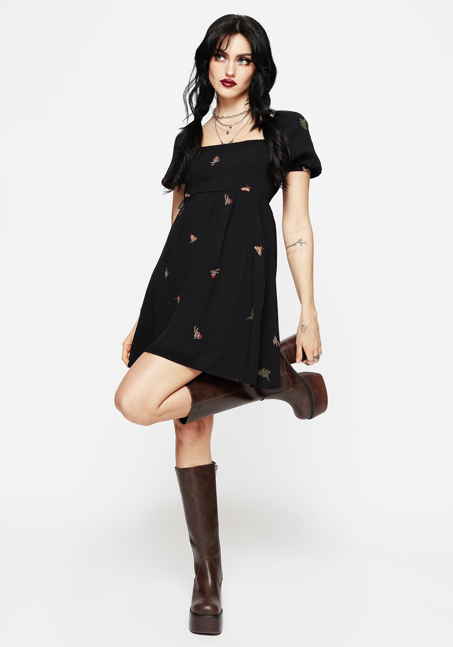 Black Moth Embroidered Mini Dress with Puff Sleeves | Copia