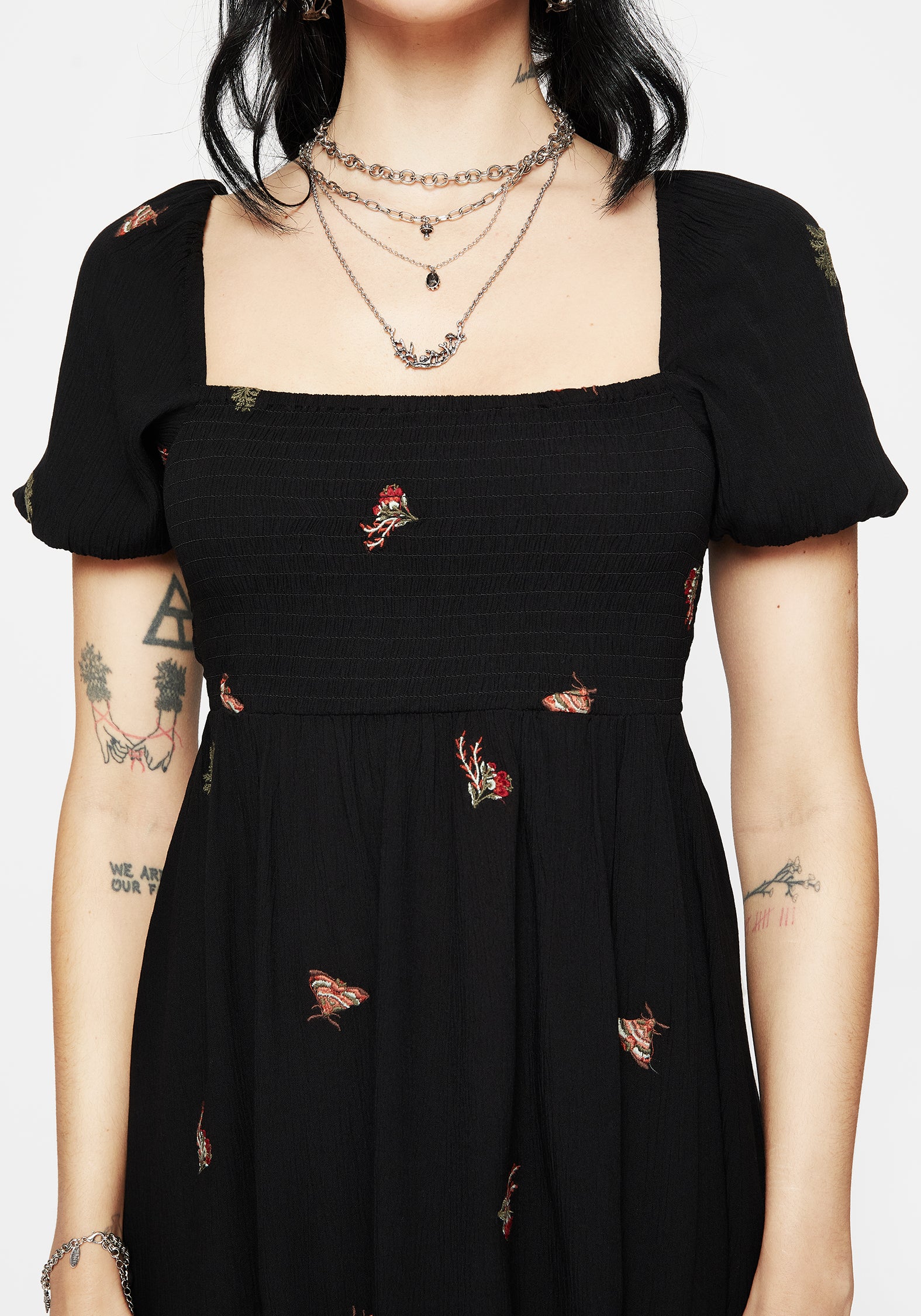 Black Moth Embroidered Mini Dress with Puff Sleeves | Copia