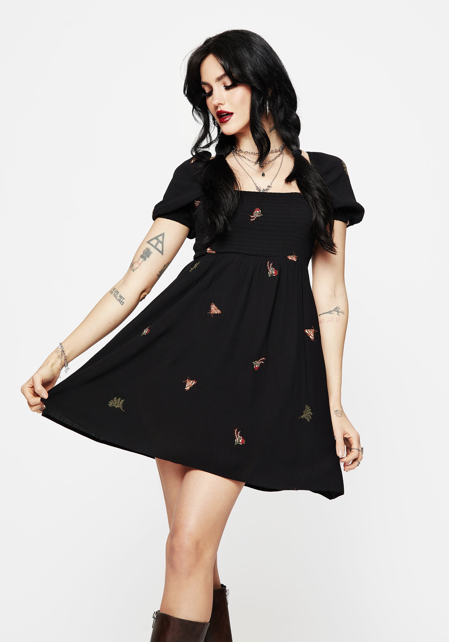 Black Moth Embroidered Mini Dress with Puff Sleeves | Copia