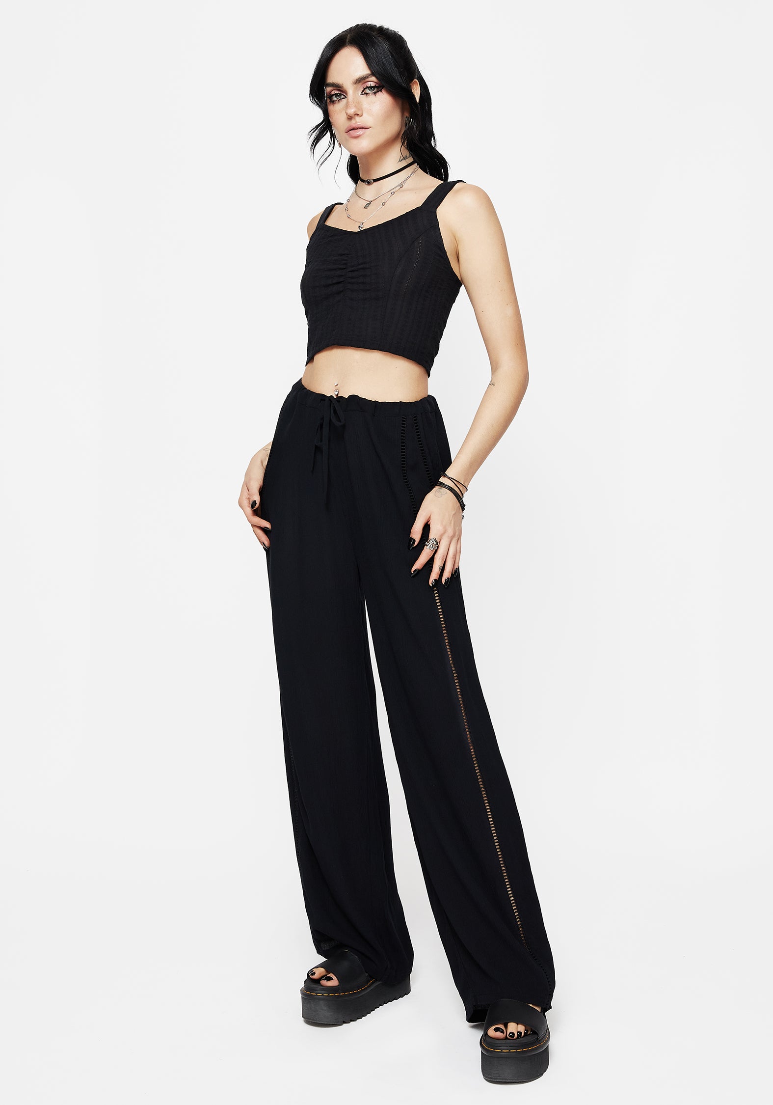 Lace Trim Wide Leg Pants with Shirred Waistband | Blessing