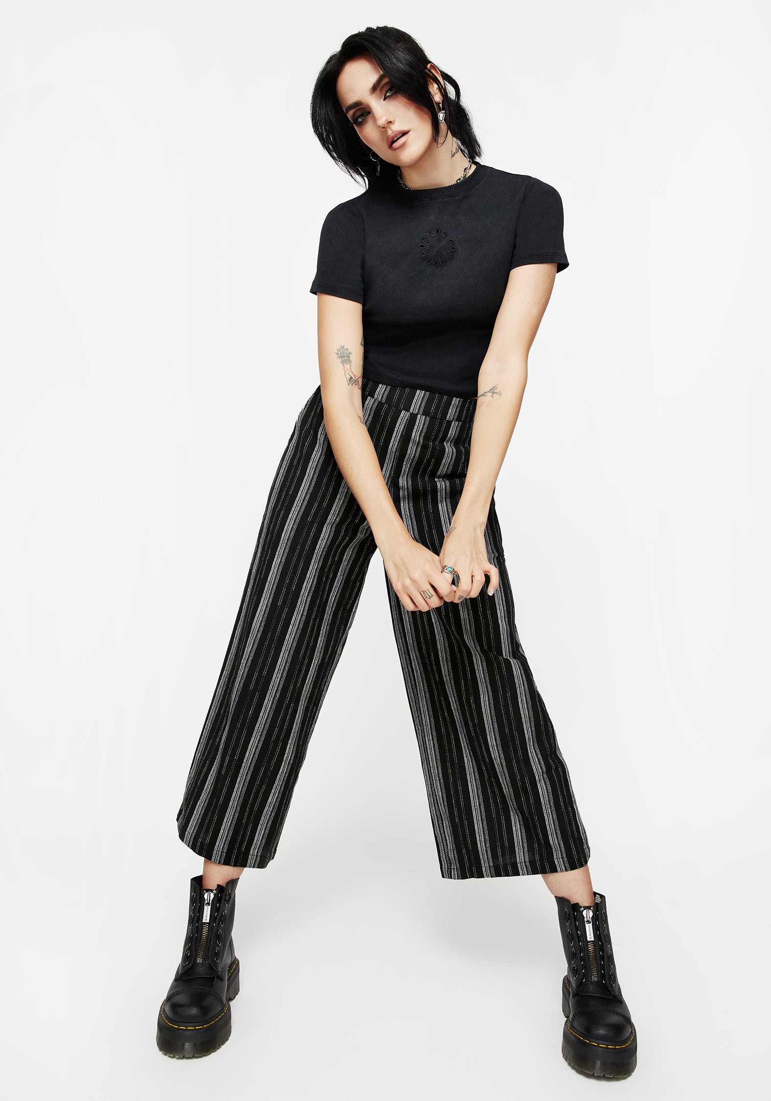 Black Striped Cotton-Blend Culottes with Elastic Waist | Clandestine