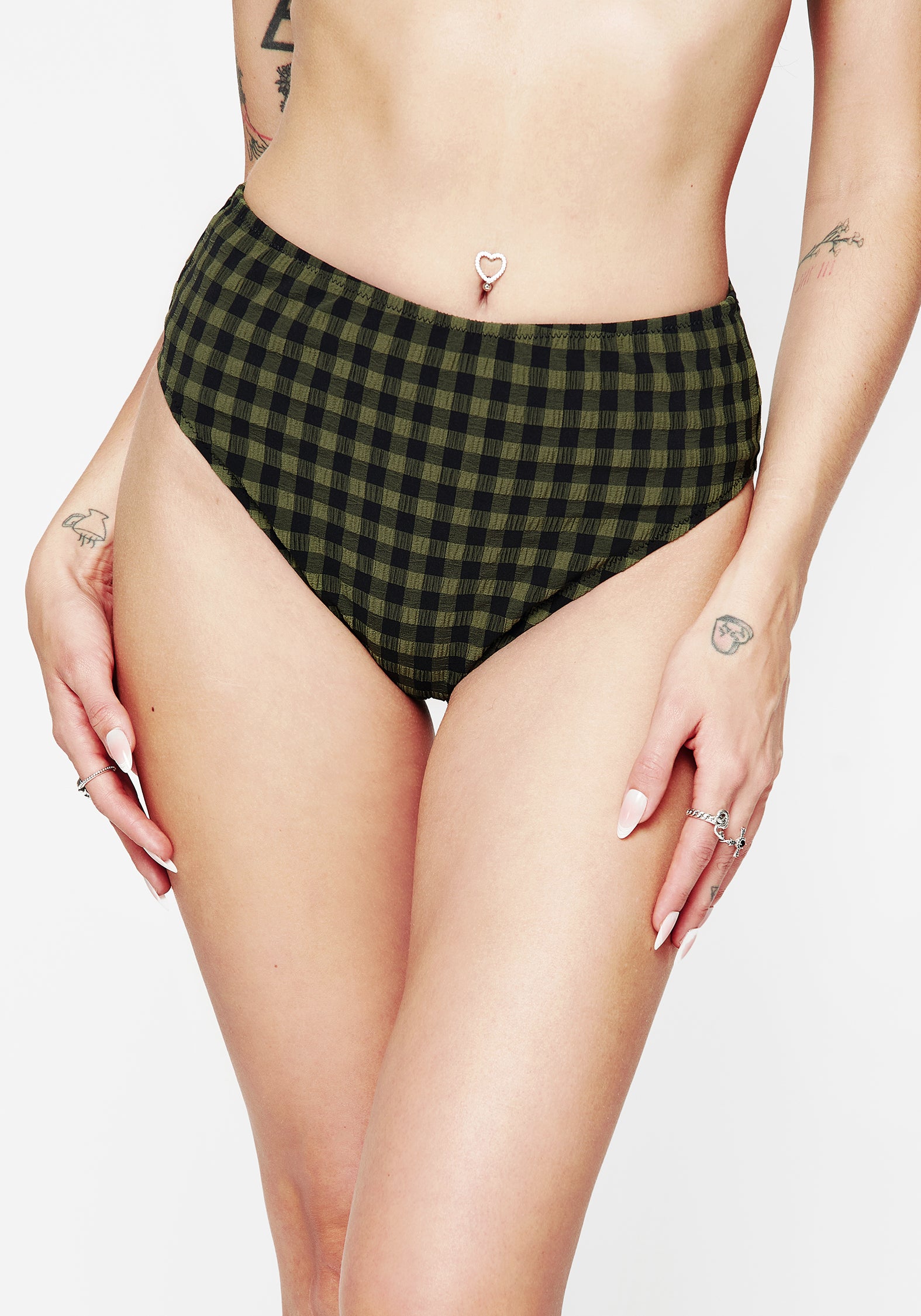 High Waist Swim Bottoms - Black & Green Gingham | Terra