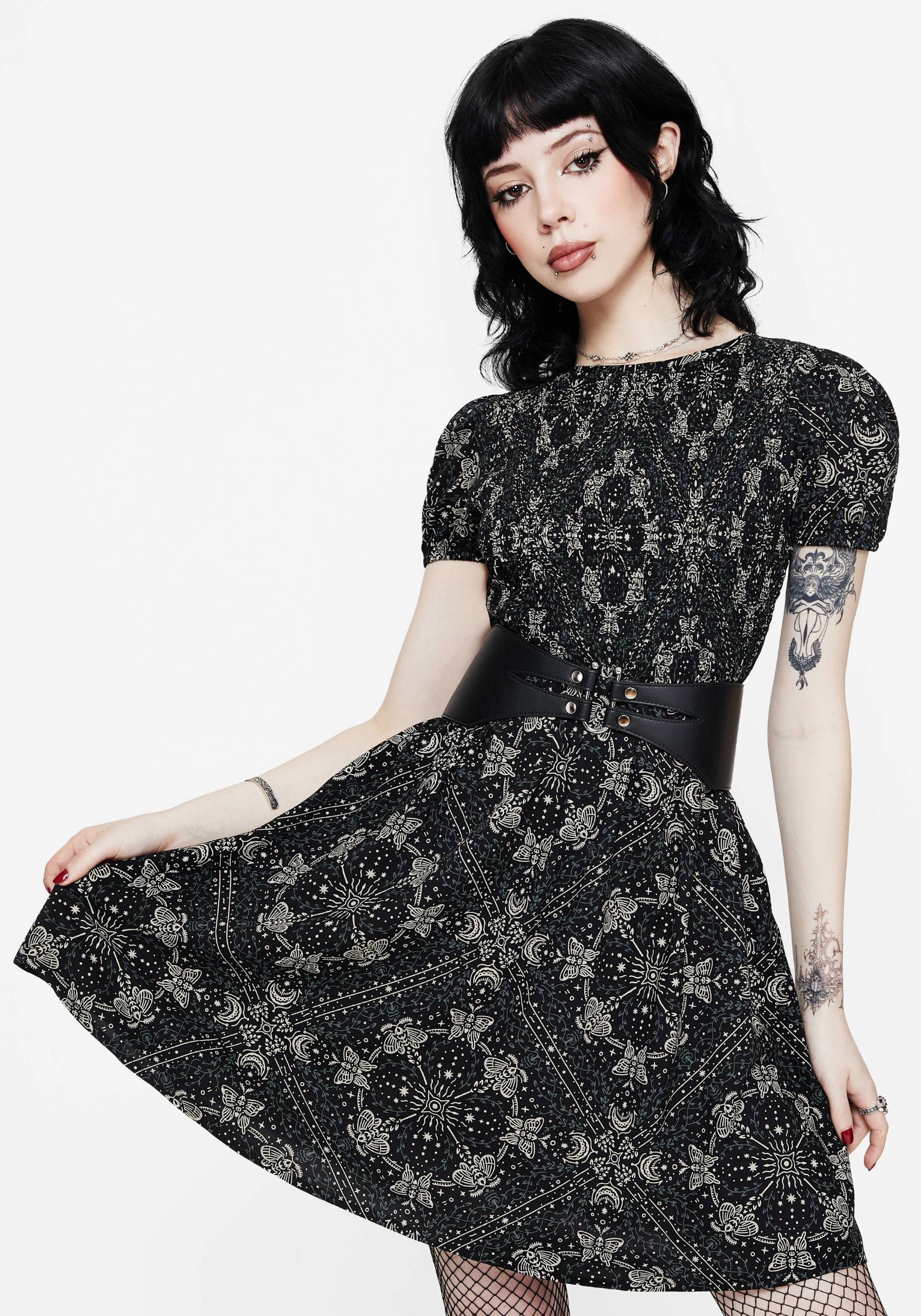 Black Moth Print Puff Sleeve Mini Dress with Pockets | Poem