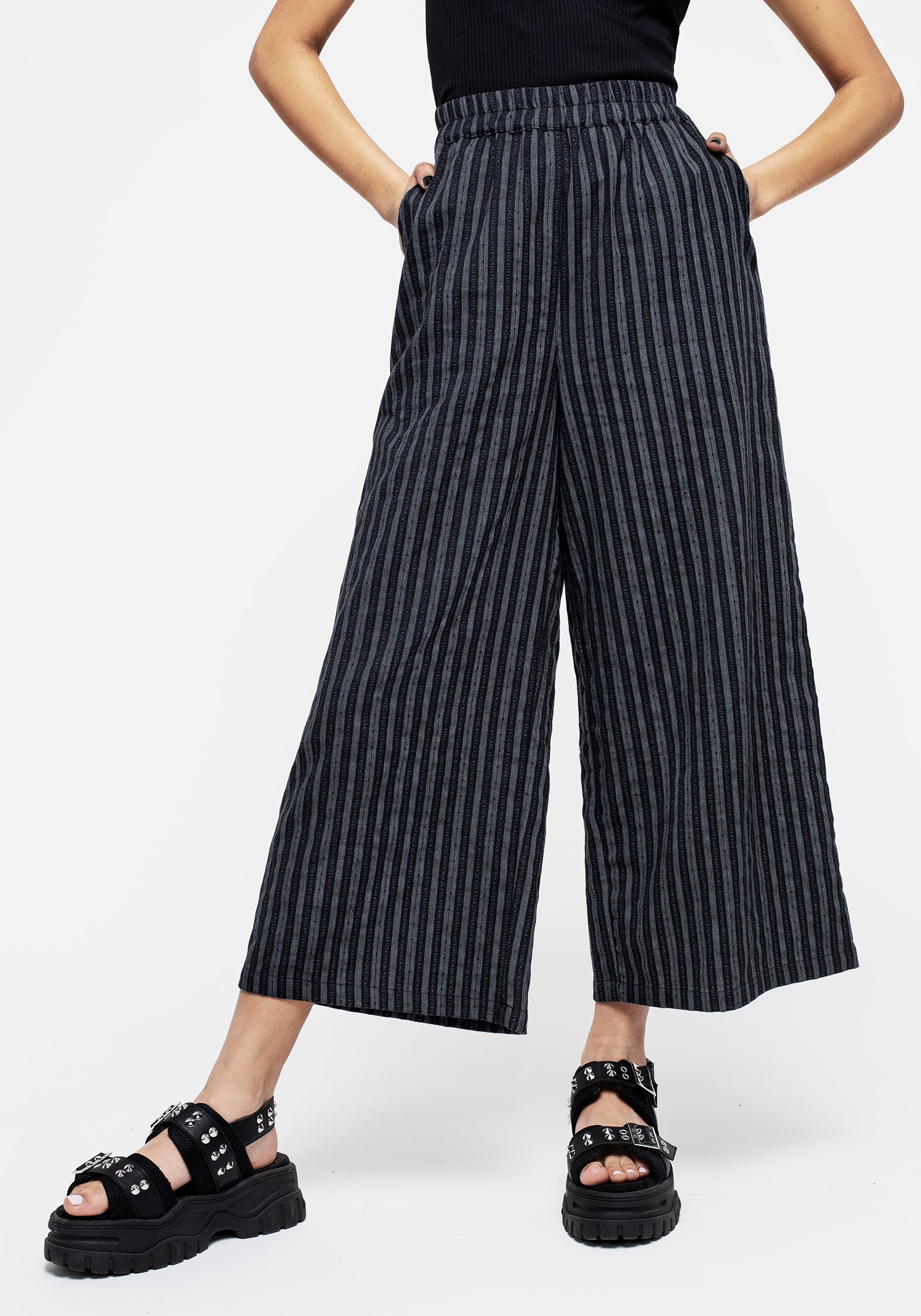 Black & Grey Striped Wide Leg Culottes | High-Rise & Elastic Waist