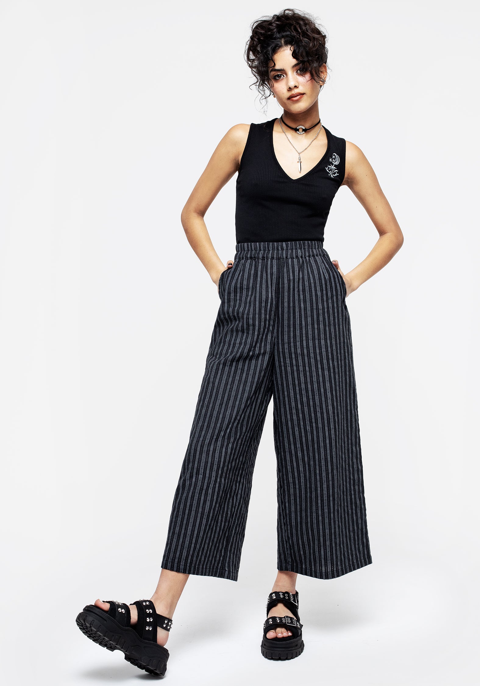 Black & Grey Striped Wide Leg Culottes | High-Rise & Elastic Waist