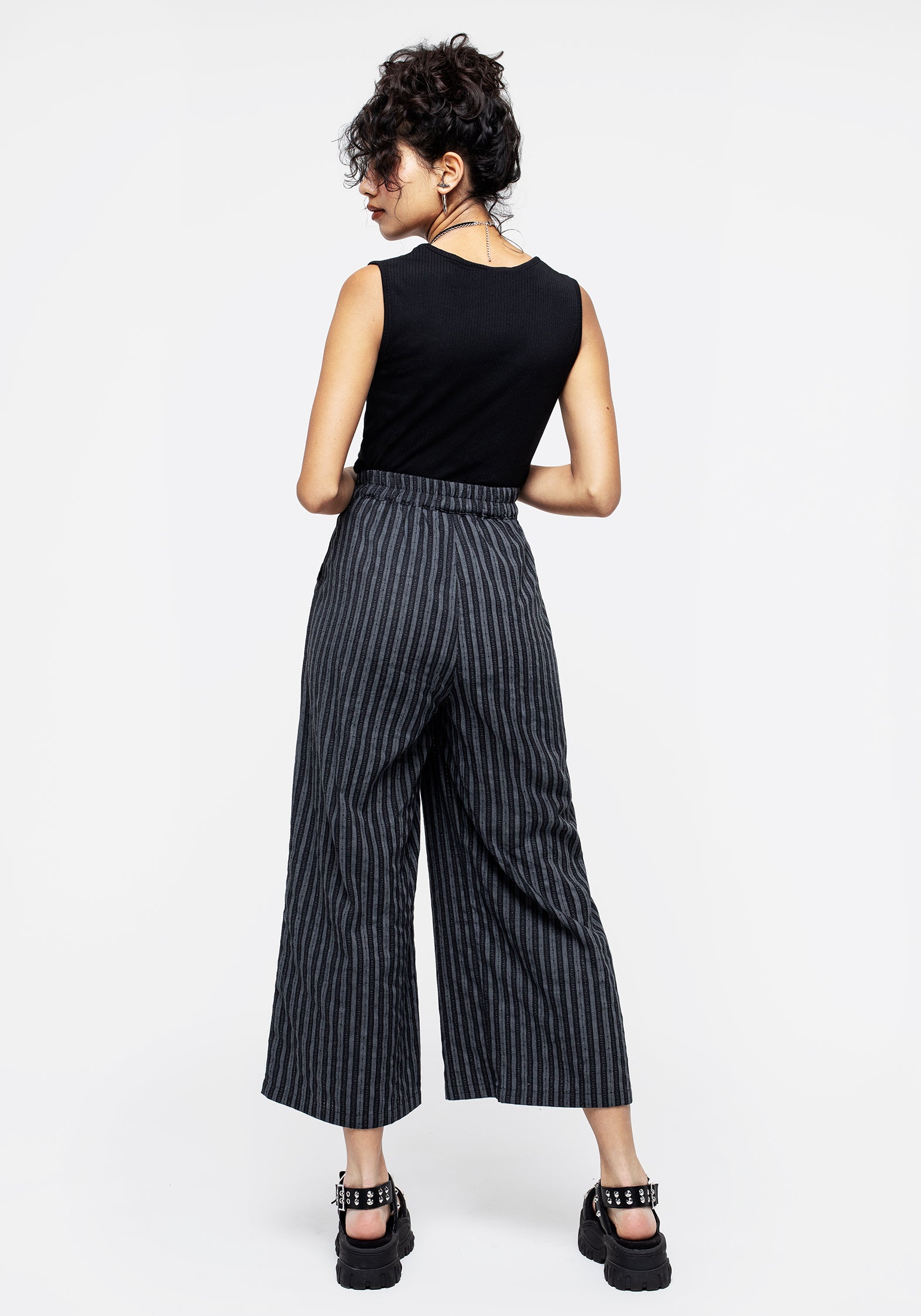 Black & Grey Striped Wide Leg Culottes | High-Rise & Elastic Waist