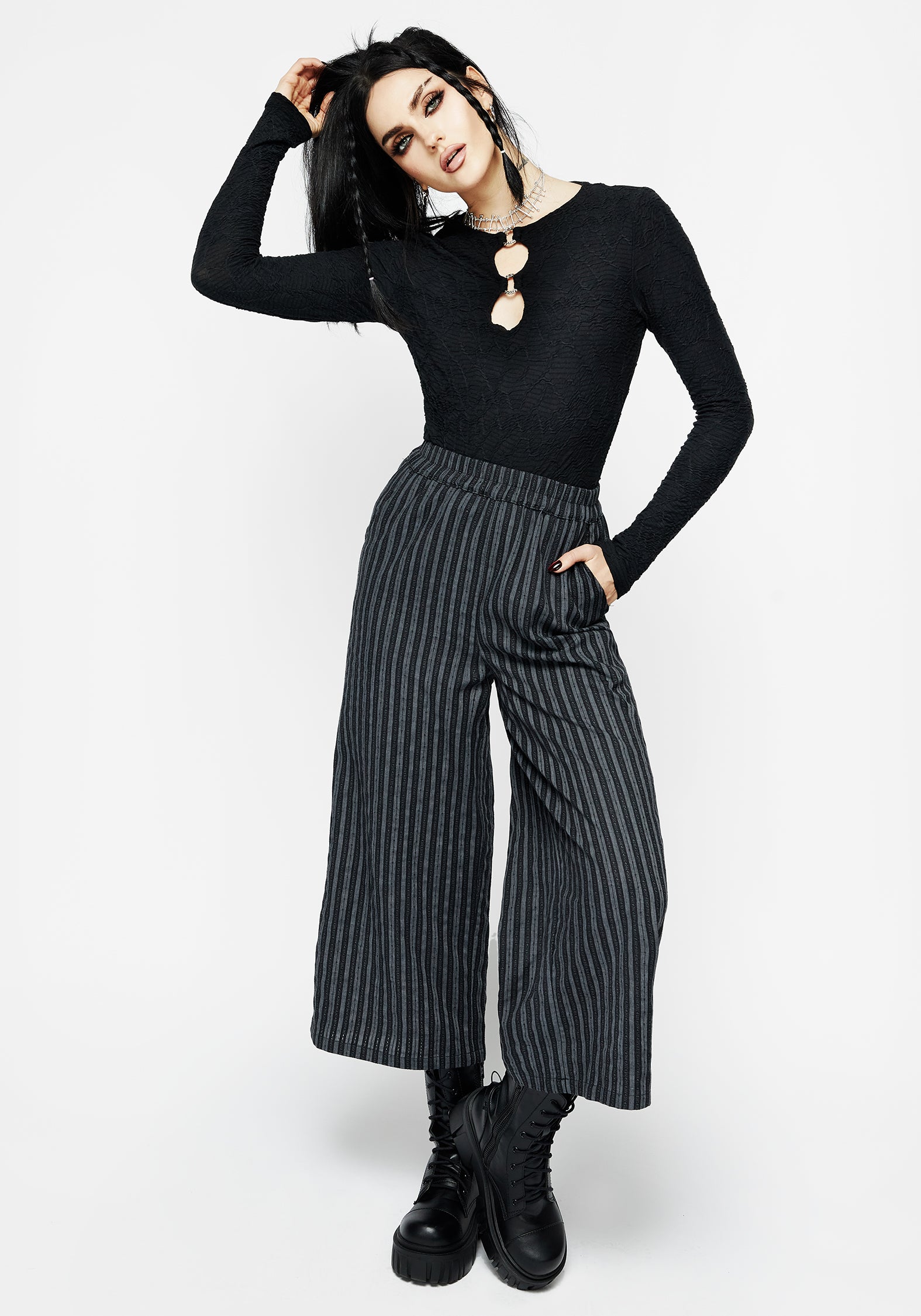 Black & Grey Striped Wide Leg Culottes | High-Rise & Elastic Waist