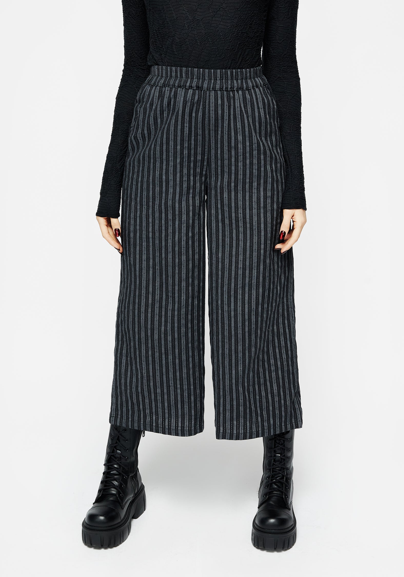 Black & Grey Striped Wide Leg Culottes | High-Rise & Elastic Waist