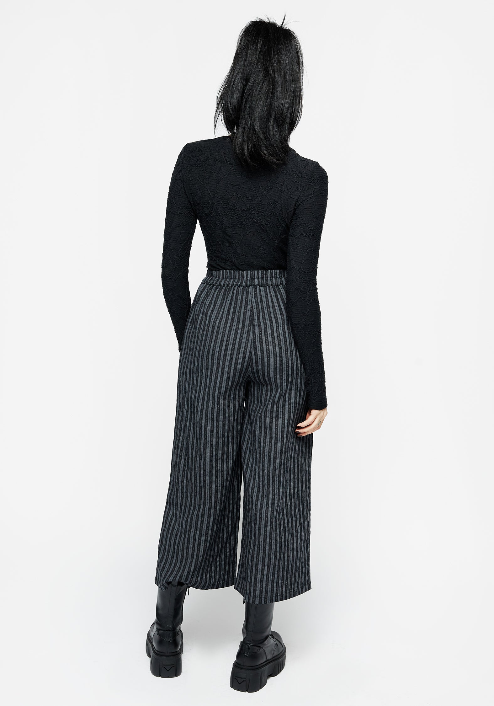 Black & Grey Striped Wide Leg Culottes | High-Rise & Elastic Waist
