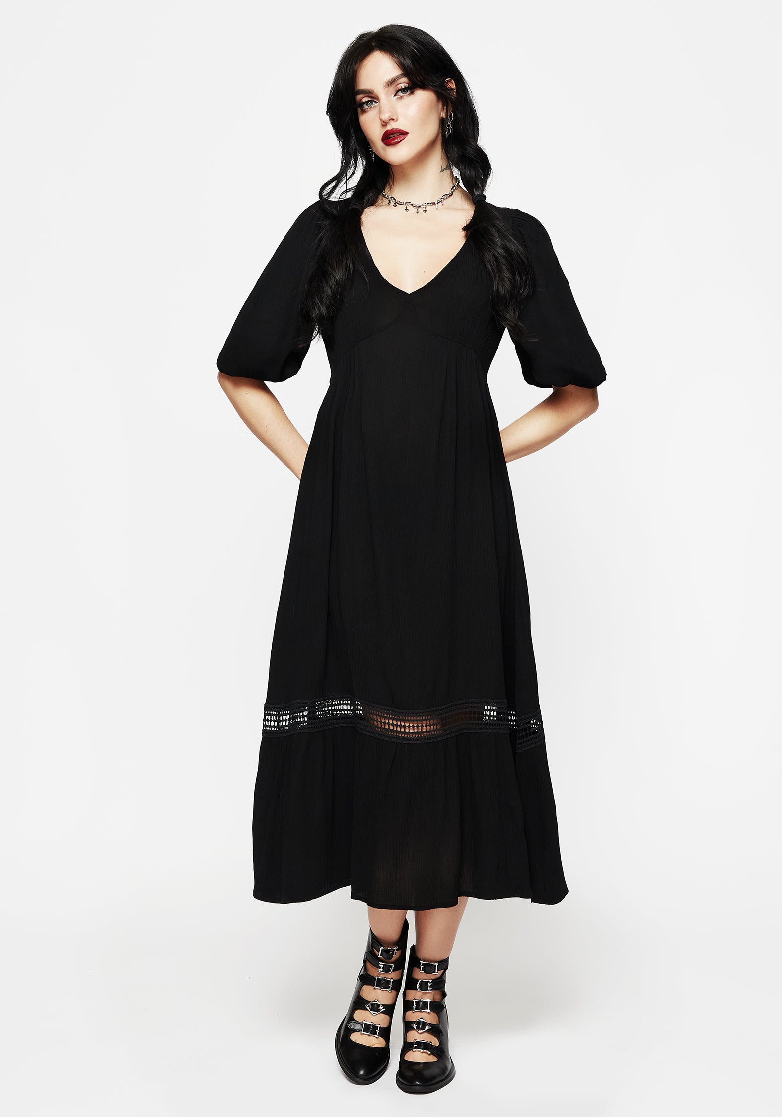 Lace Insert Puff Sleeve Maxi Dress with V-Neck | Mirage
