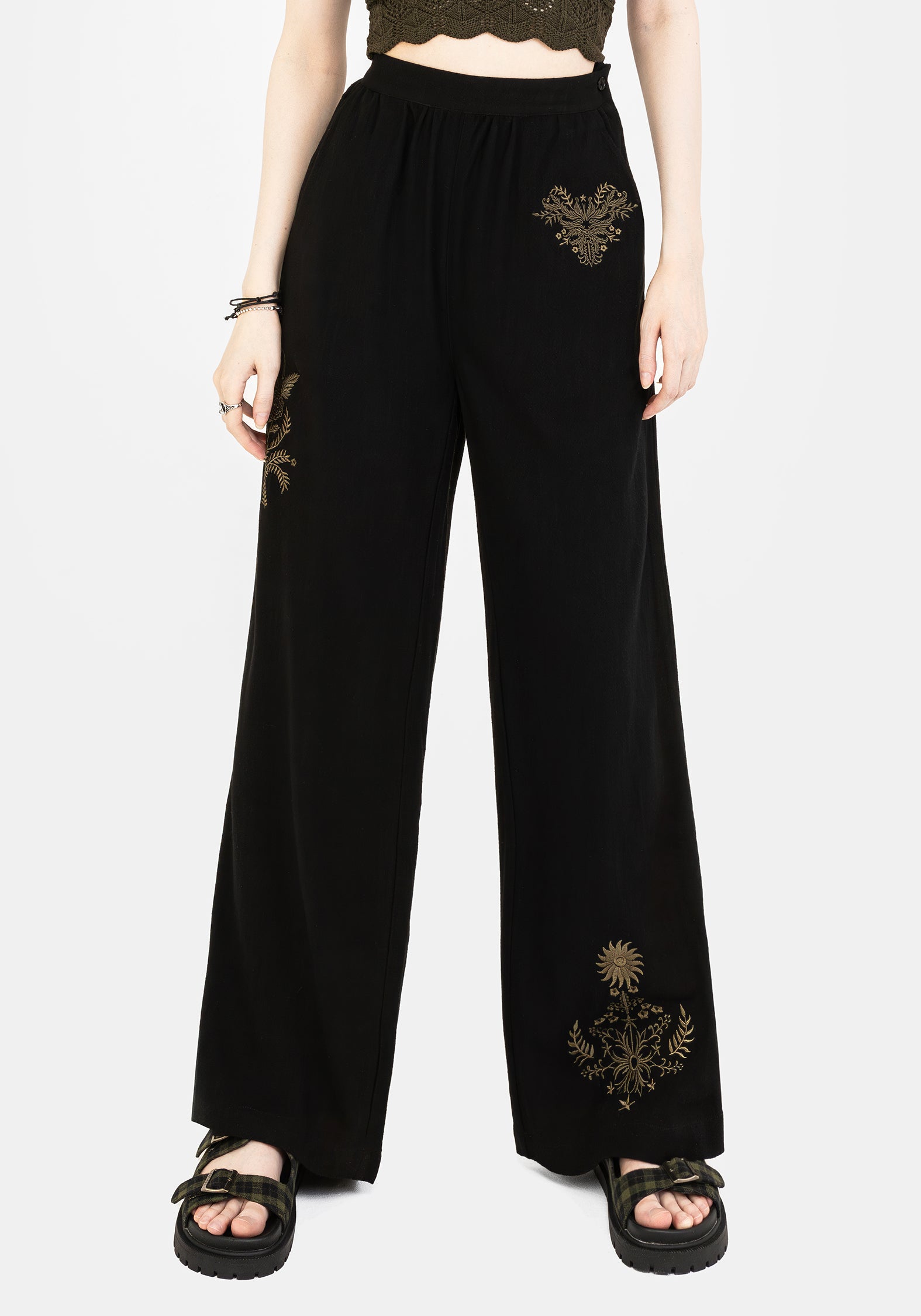 Black Wide Leg Embroidered Linen Trousers | Floral & Fern Design