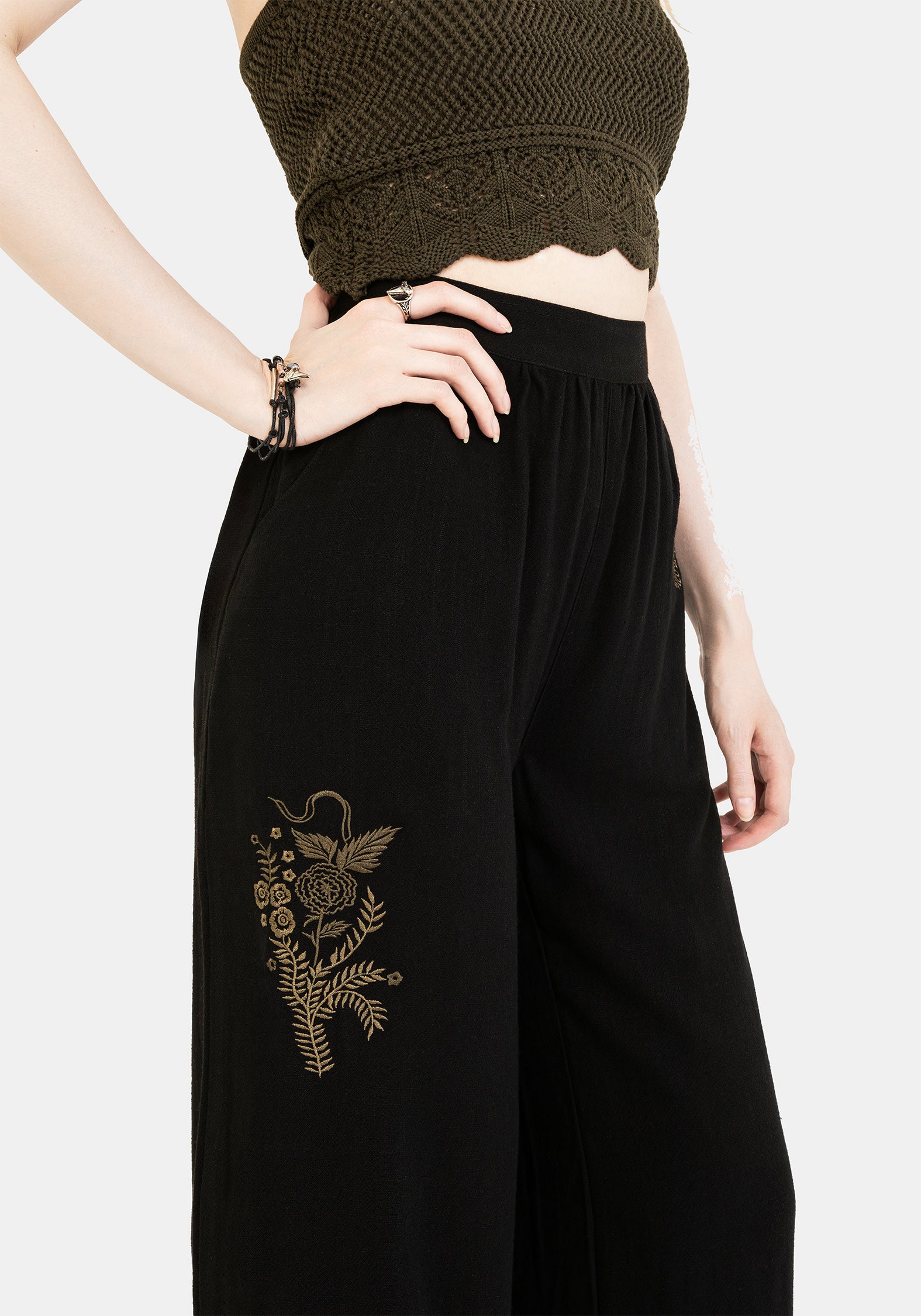 Black Wide Leg Embroidered Linen Trousers | Floral & Fern Design