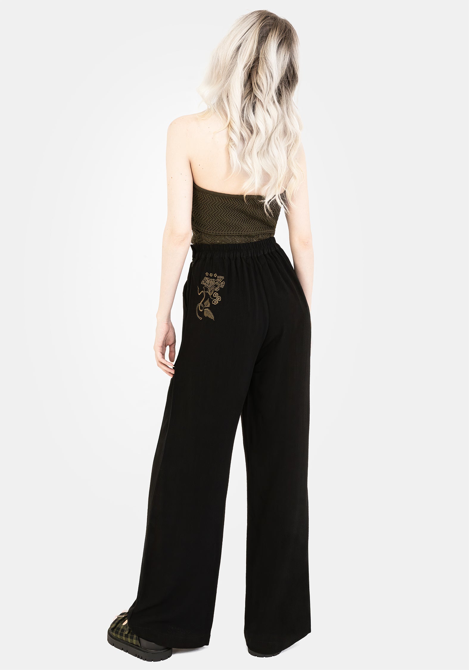 Black Wide Leg Embroidered Linen Trousers | Floral & Fern Design