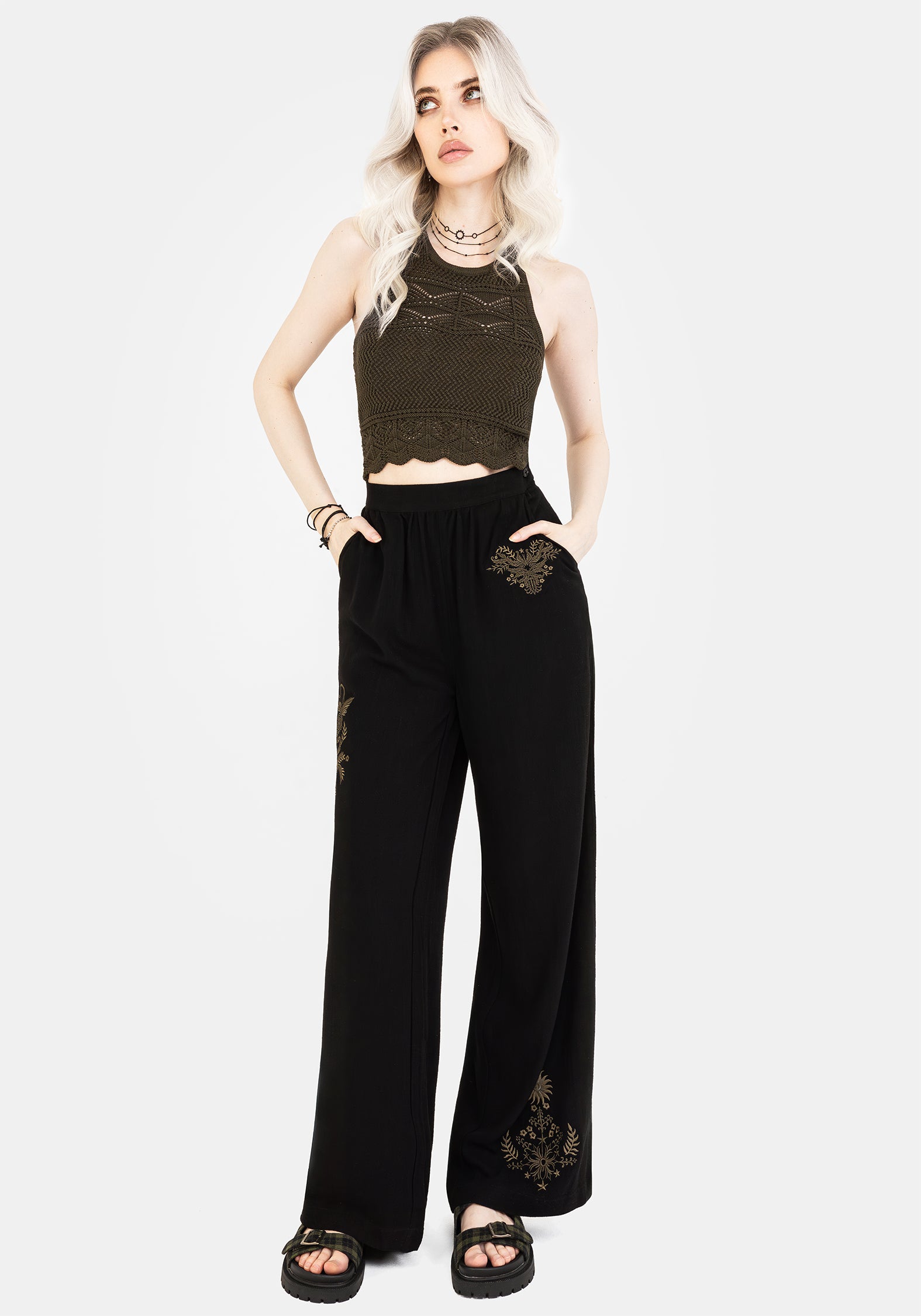 Black Wide Leg Embroidered Linen Trousers | Floral & Fern Design