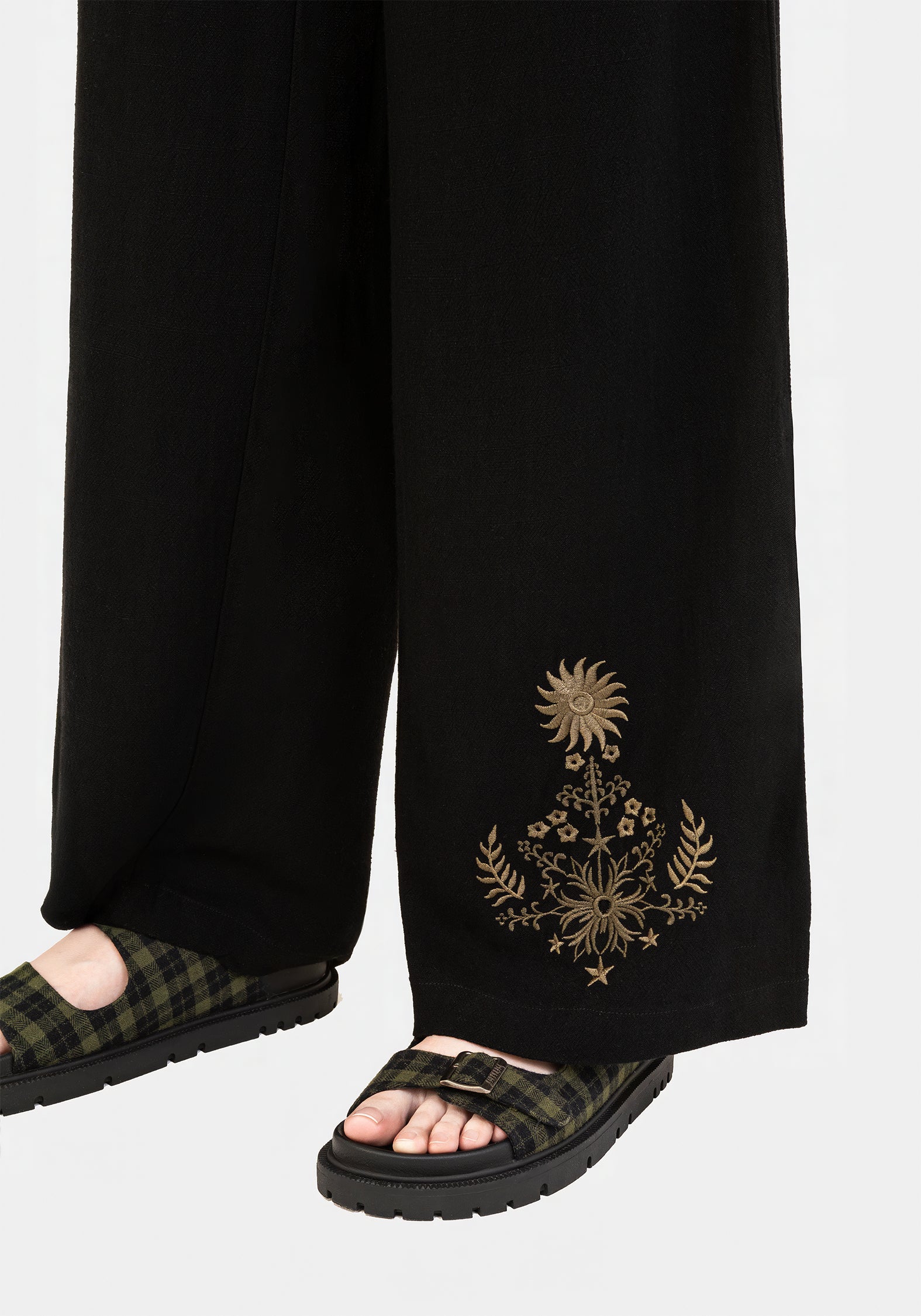 Black Wide Leg Embroidered Linen Trousers | Floral & Fern Design